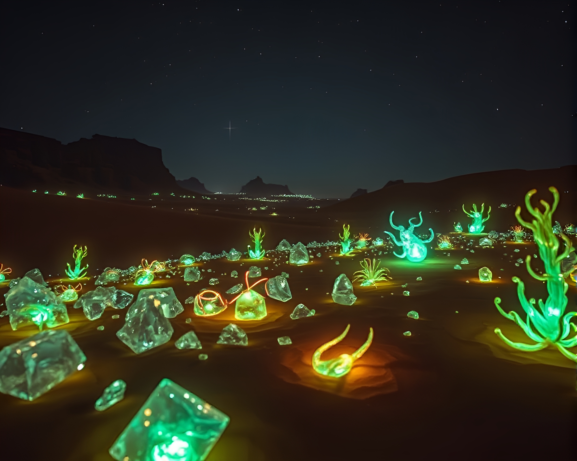 Bioluminescent Desert: Glass Shards and Glowing Flora – free AI stock image