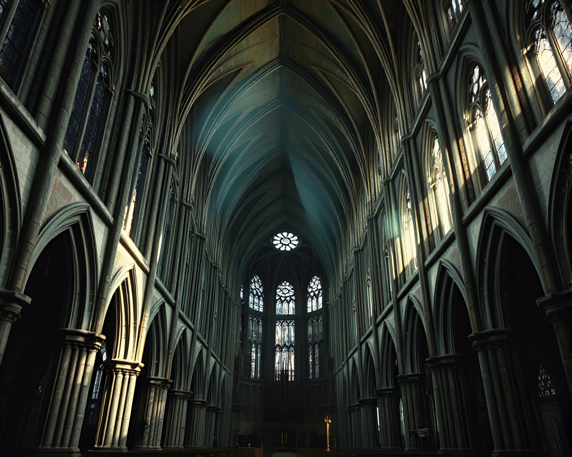 Eerie Gothic Cathedral Interior Photo Collage – free AI stock image