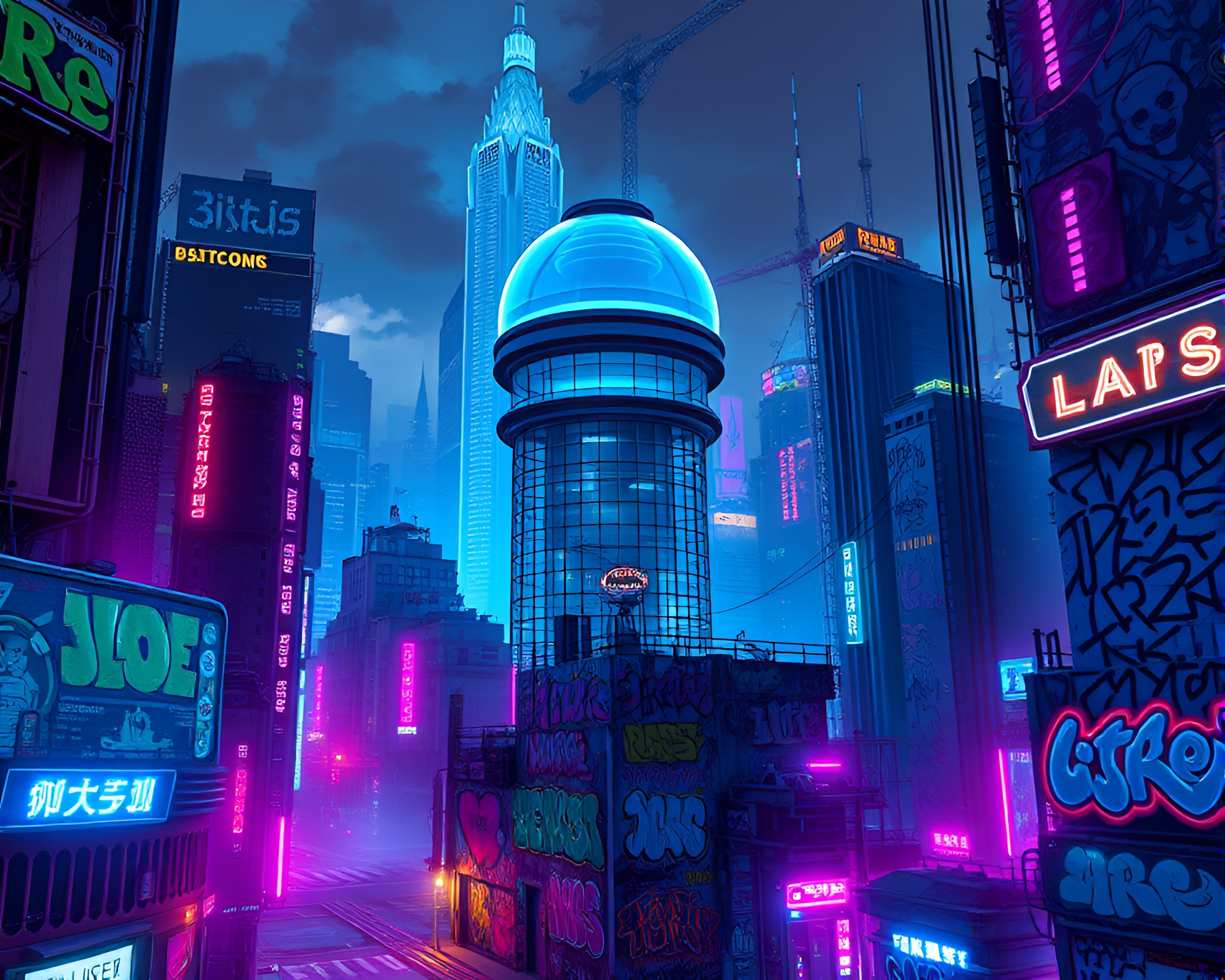 Futuristic Cyberpunk Cityscape with Glass-Walled Observatory – free AI stock image