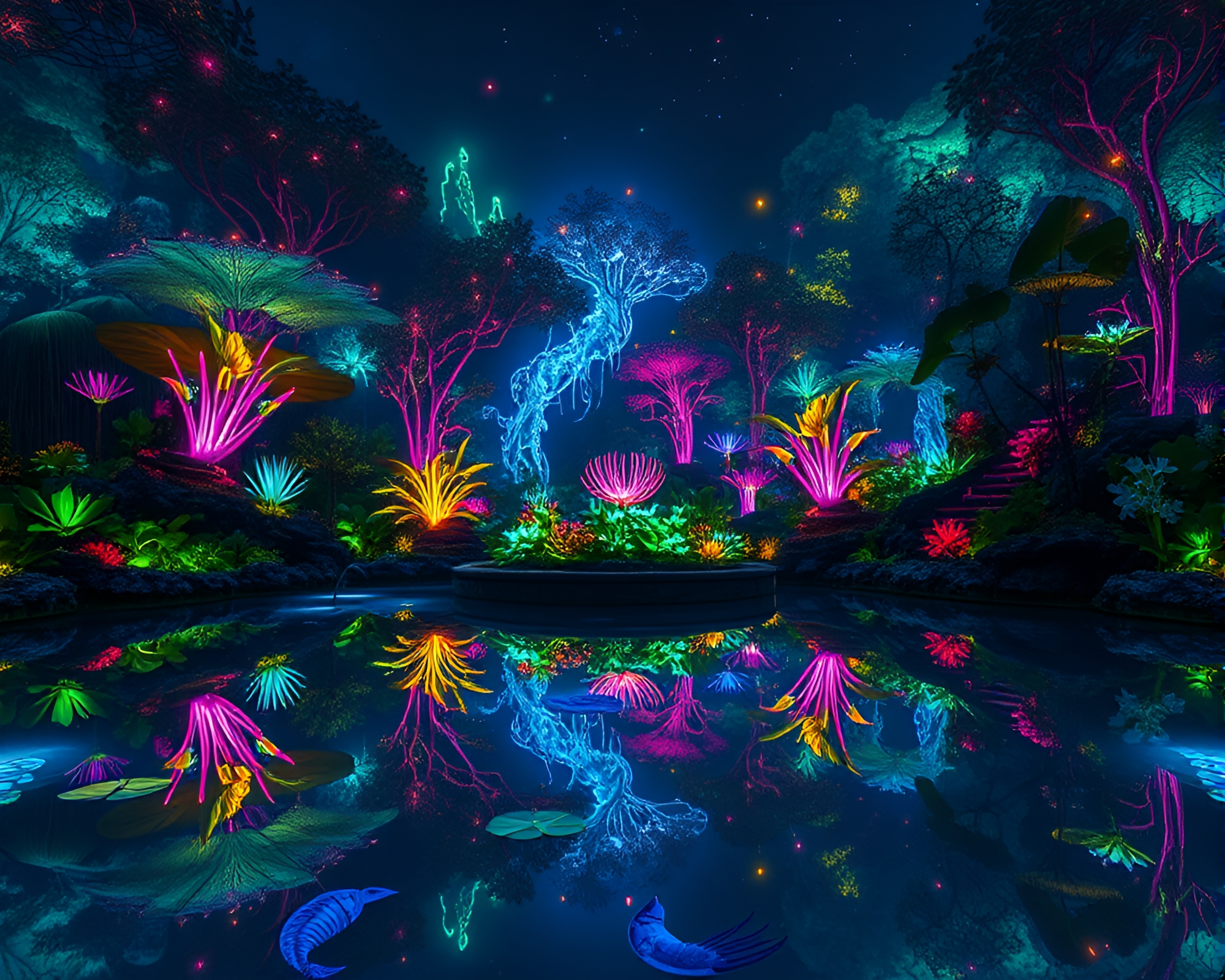 Bioluminescent Oasis: Stunning Colors Reflecting in Mirror-Like Pool – free AI stock image