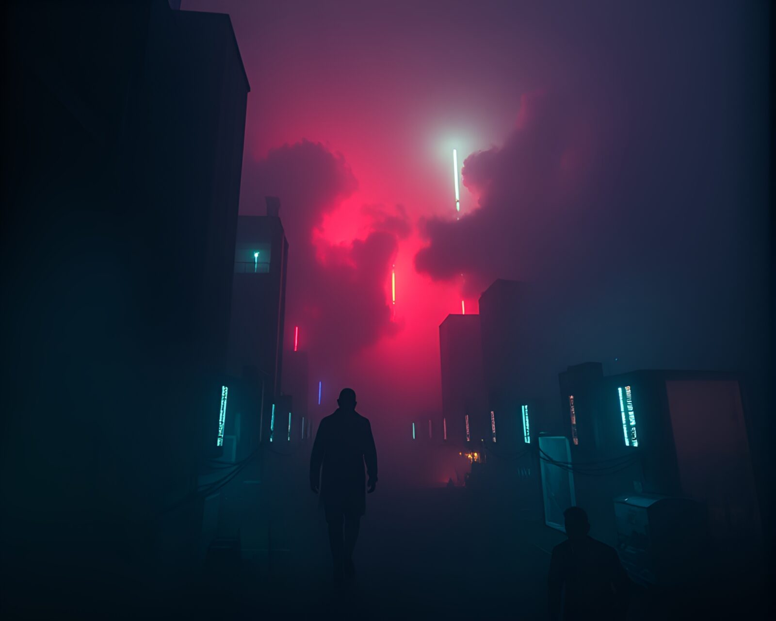 Enchanting cityscape glowing with bioluminescent lights through acrylic haze