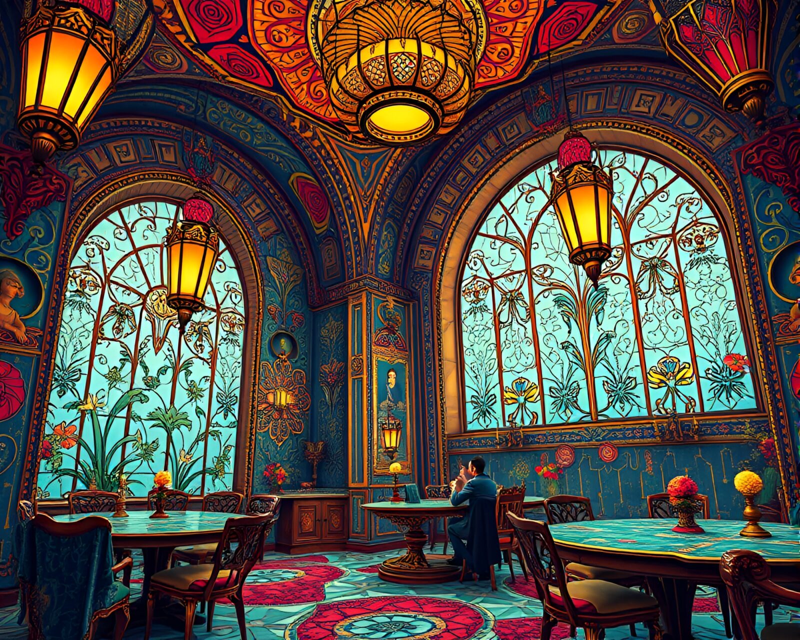 Colorful, symmetrical art deco architecture in a joyous setting