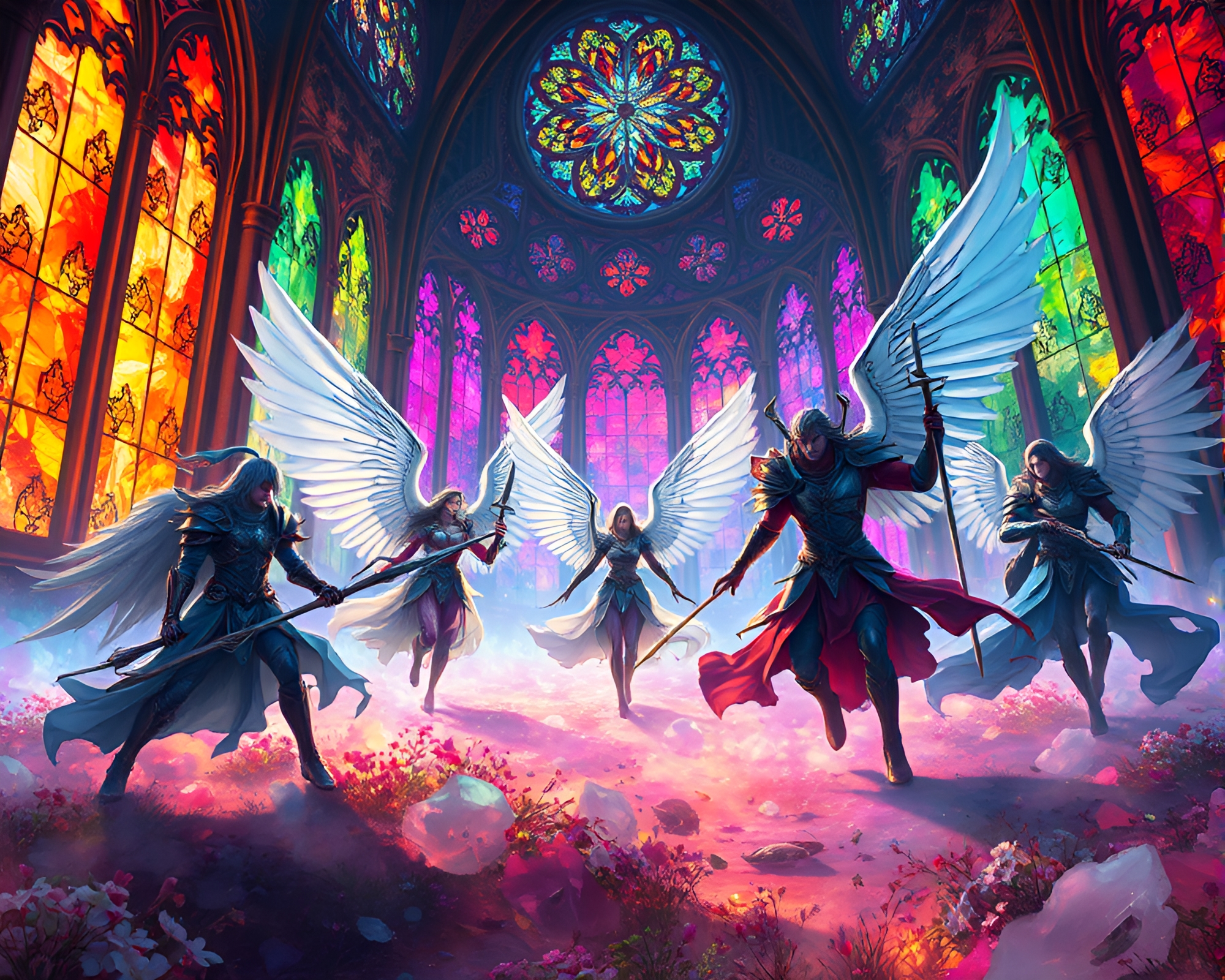 Ethereal Warriors Clash in Vibrant Spectral Battlefield – free AI stock image