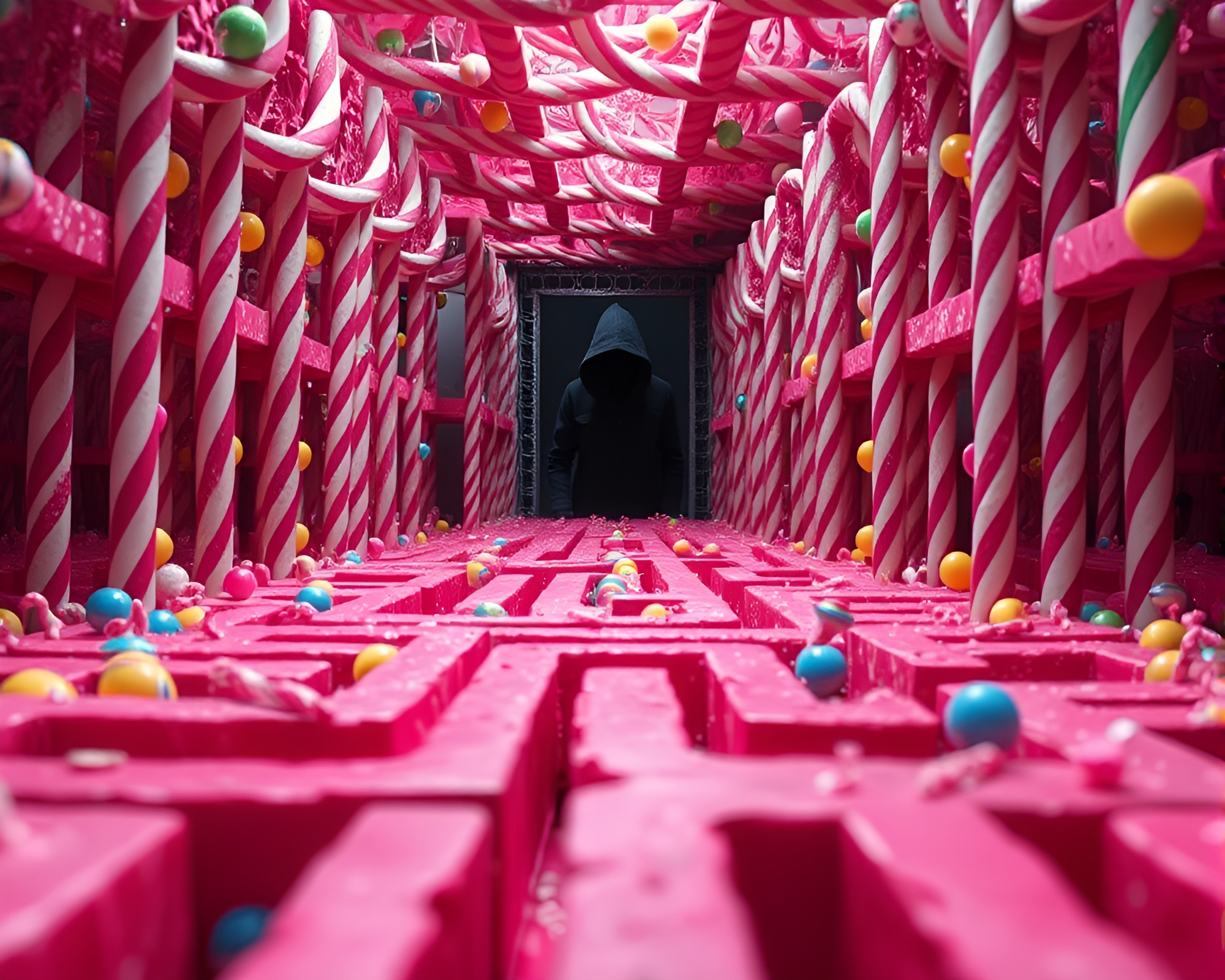 Whimsical Candy-Colored Maze with Shadowy Mysterious Figure – free AI stock image