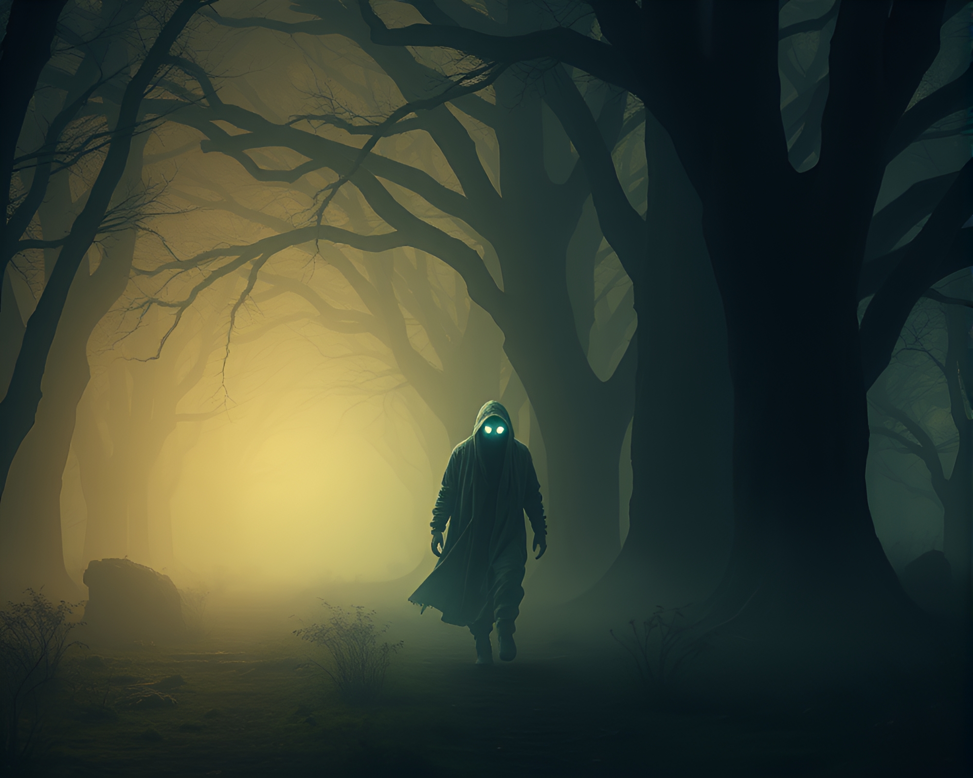 Ghostly figure in spectral oak forest – free AI stock image