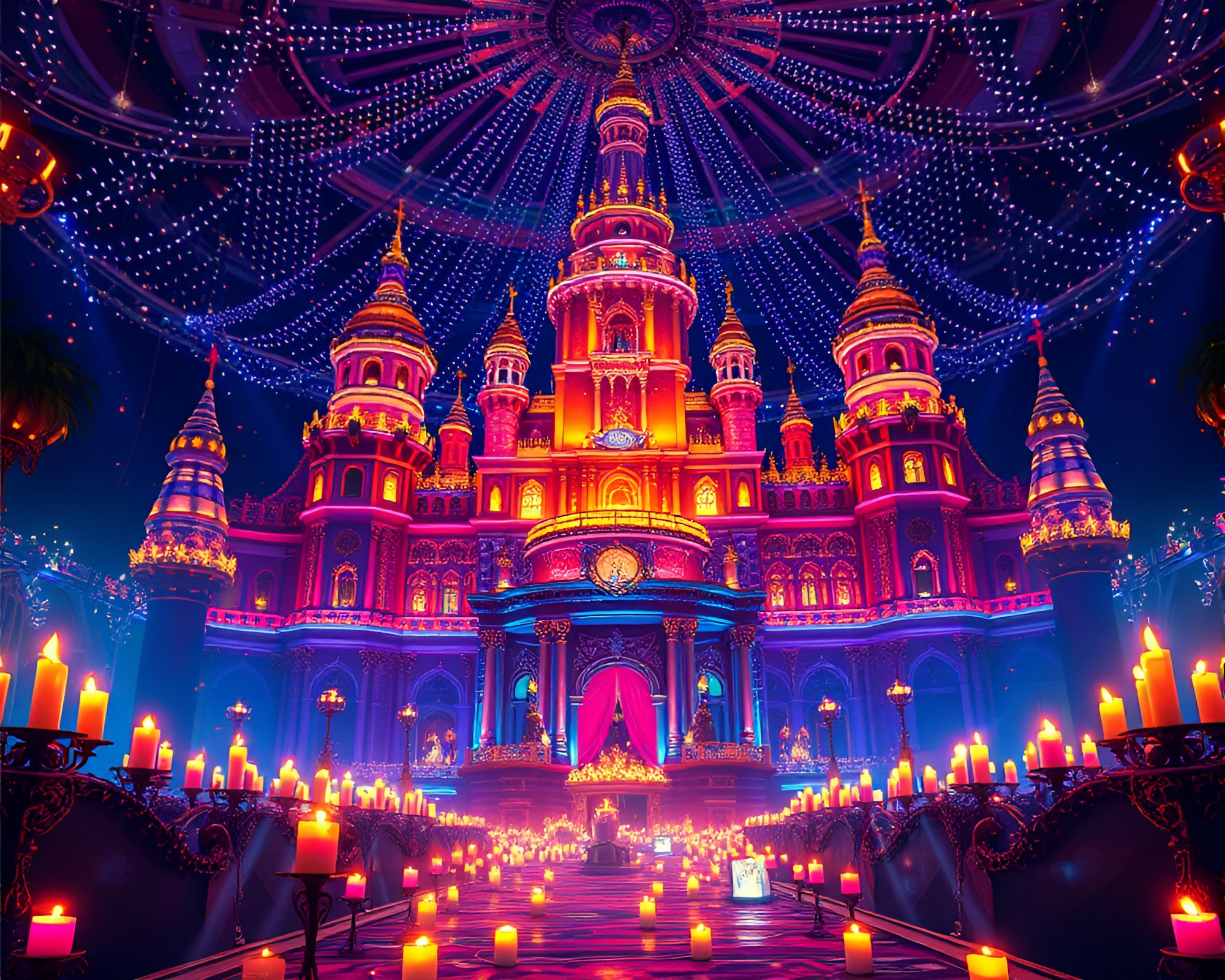 Majestic Citadel Glowing with Floating Candles – free AI stock image