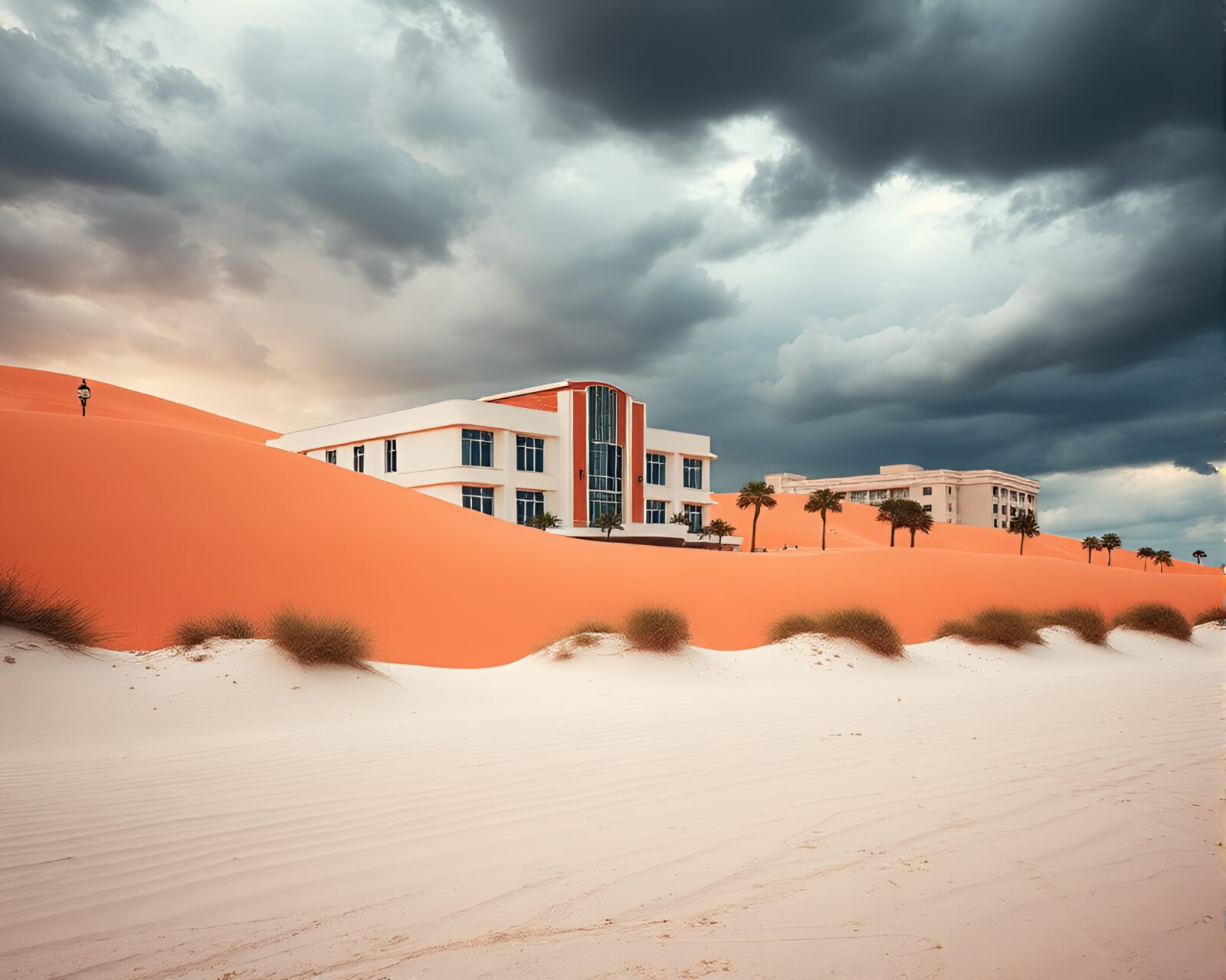 Coral-colored sand dunes with art deco architecture under stormy sky
