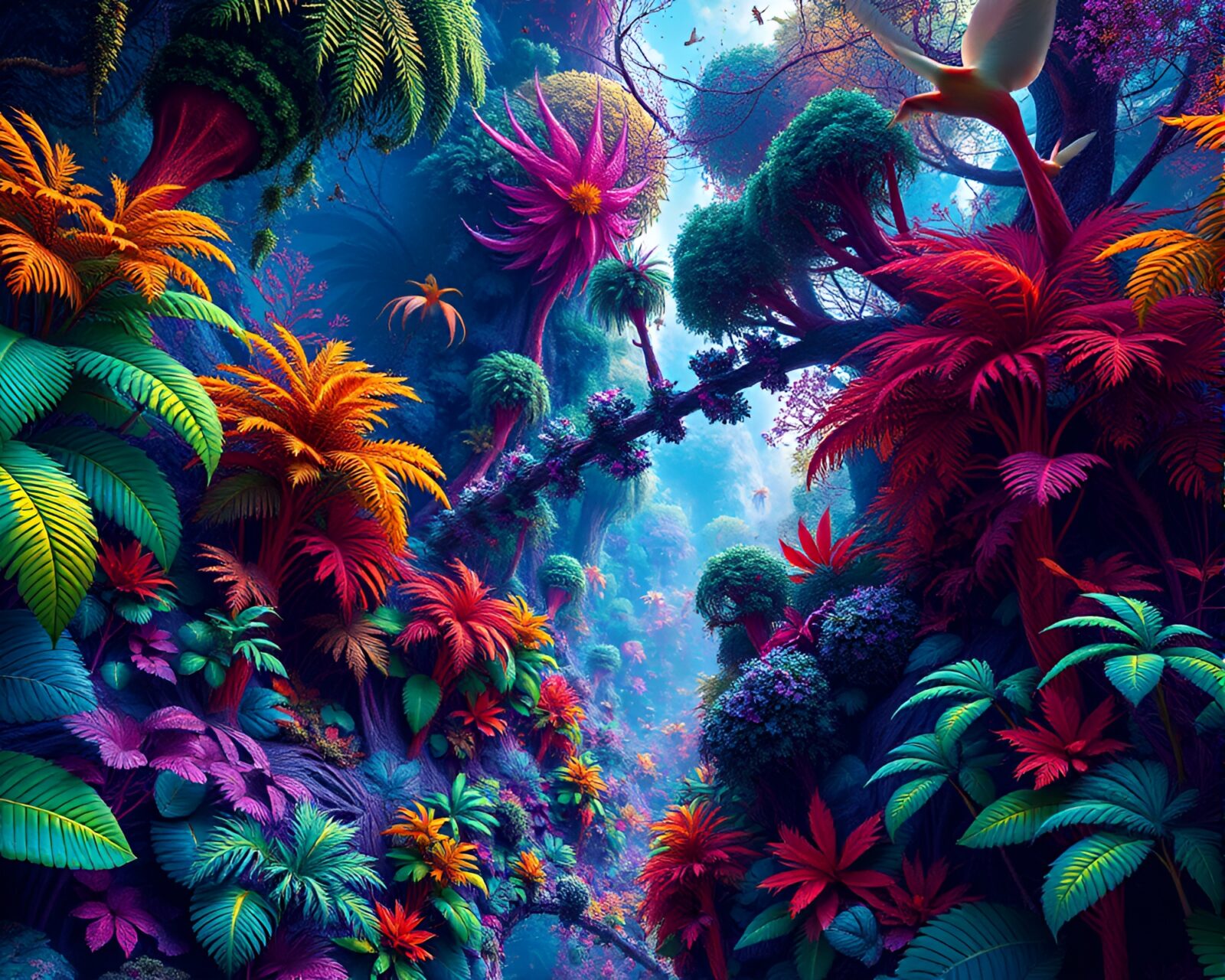 Intricate fractal jungle with mesmerizing colors and serene atmosphere