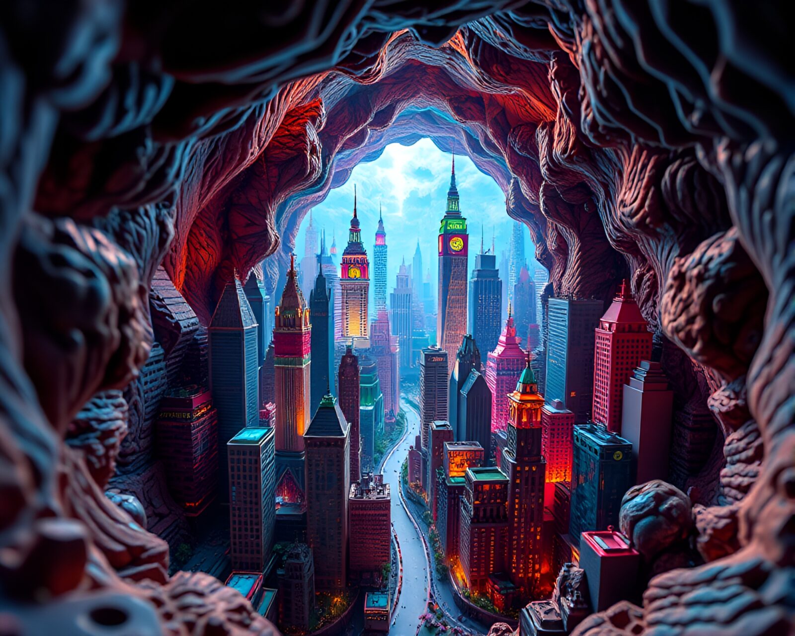 Intricate fractal cityscape in underground world, macro photography