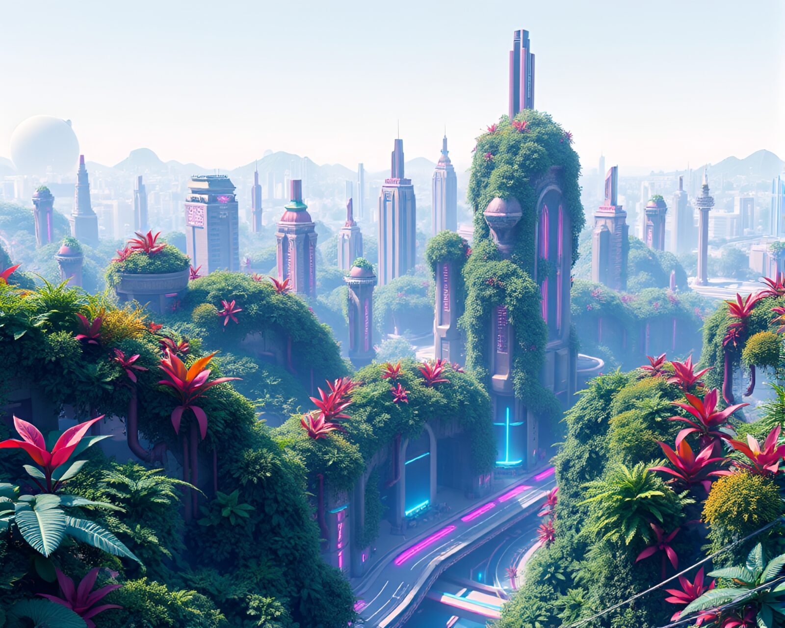 Minimalistic 3D cityscape with vibrant botanical growth