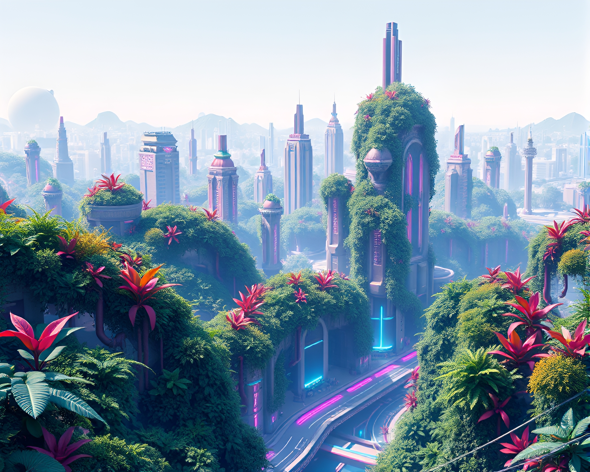 Futuristic Cityscape Oasis with Lush Botanical Overgrowth – free AI stock image