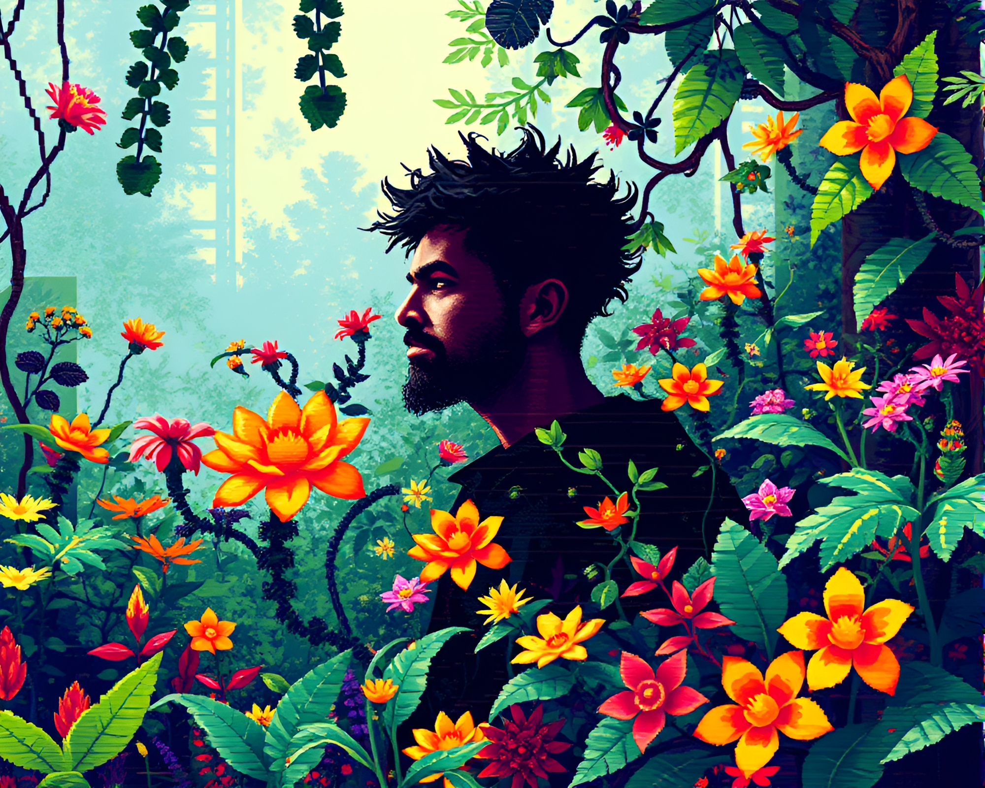 Contemplative 8-Bit Glitch Art Botanical Overgrowth – free AI stock image