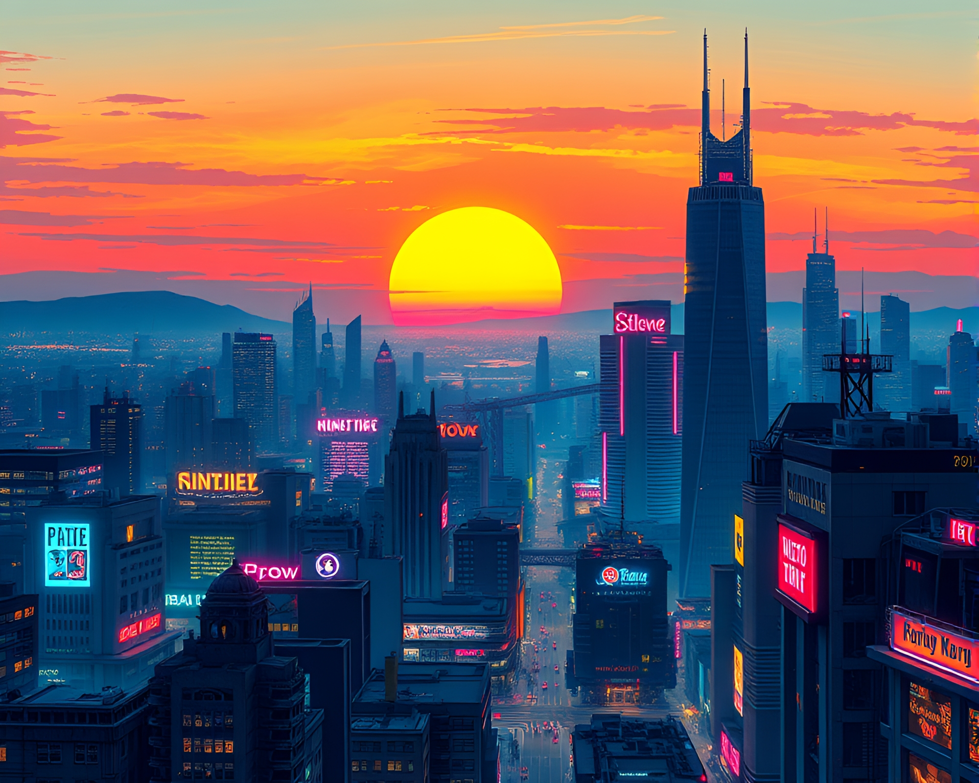Neon-lit Retro-Futuristic Metropolis at Sunset – free AI stock image