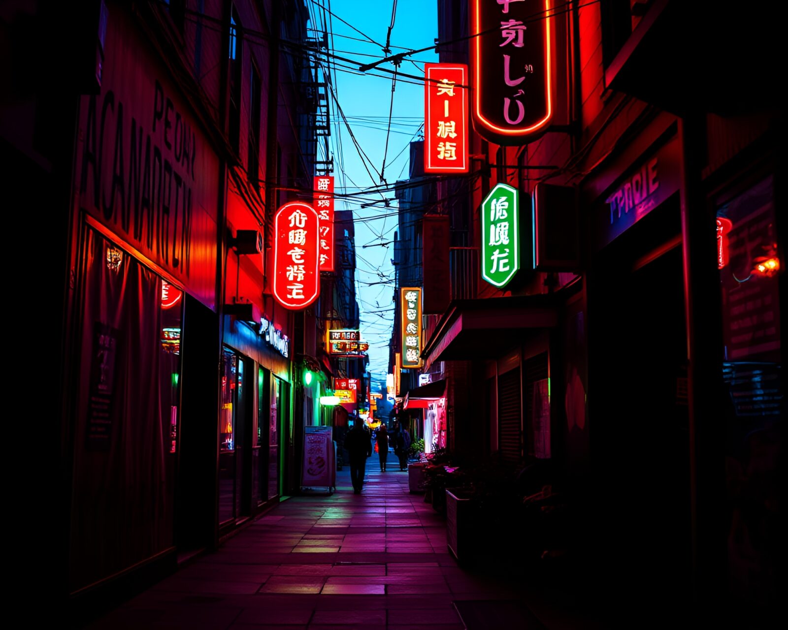 Urban scenery with neon lights in twilight alleyway