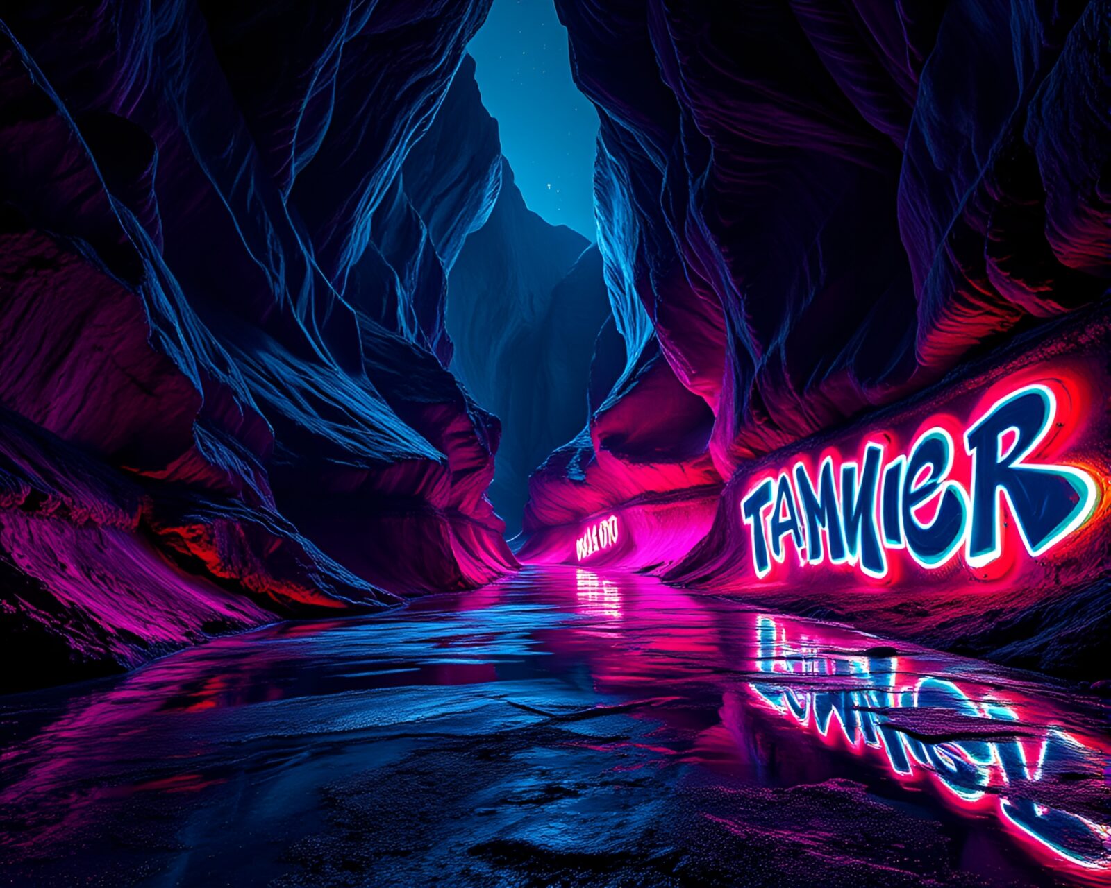 Vibrant neon graffiti art reflecting on dark canyon walls