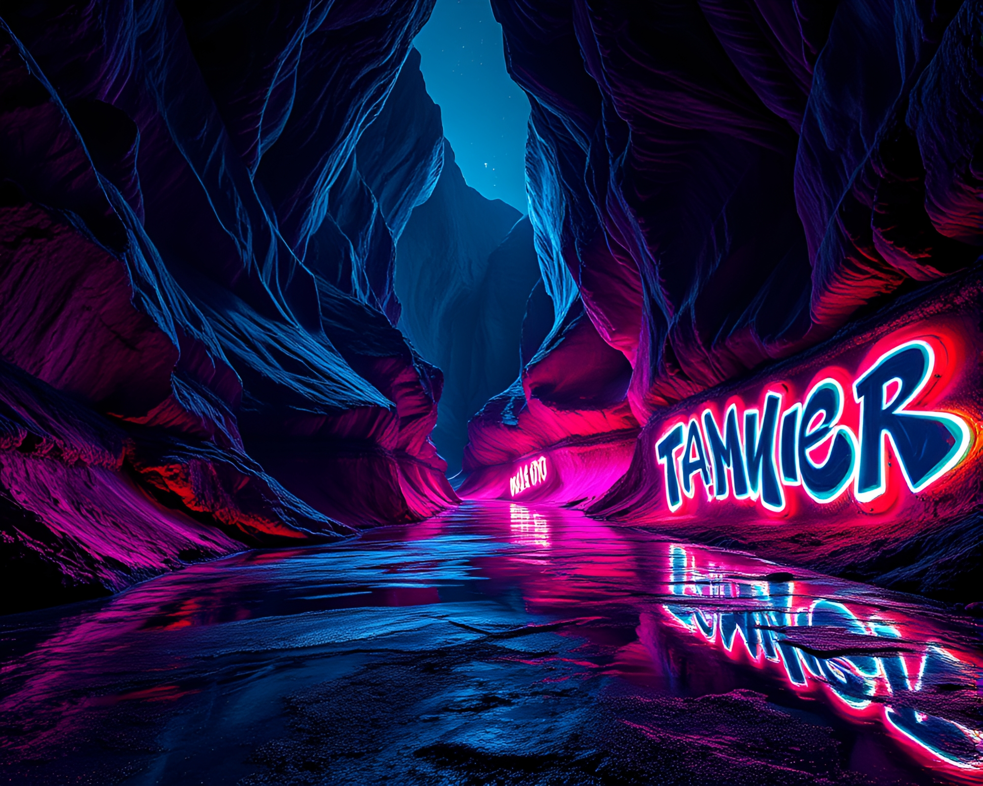 Neon Graffiti Art Shining in Obsidian Canyon – free AI stock image