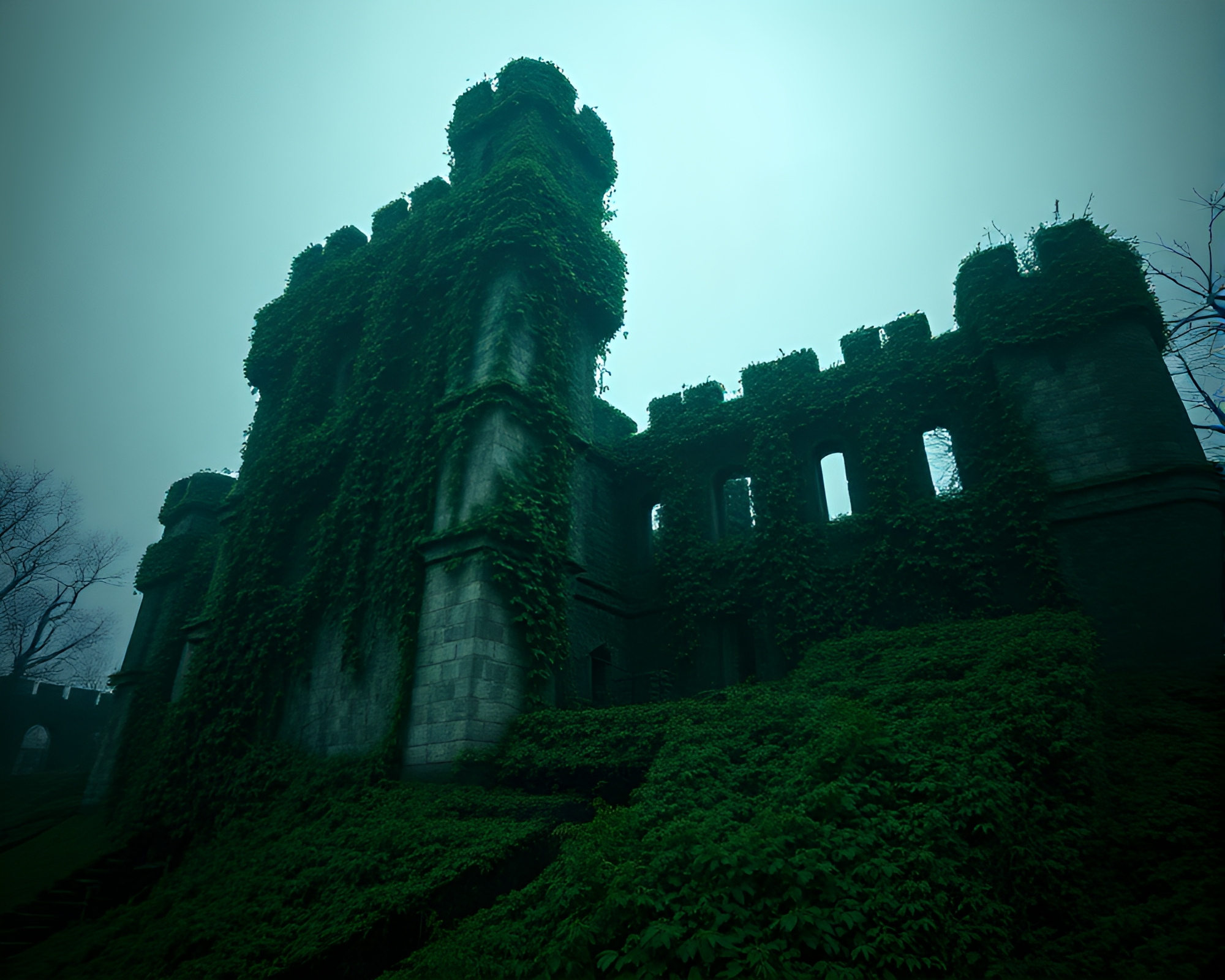 Eerie 8-Bit Glitch Art: Ivy-Covered Old Fortress – free AI stock image