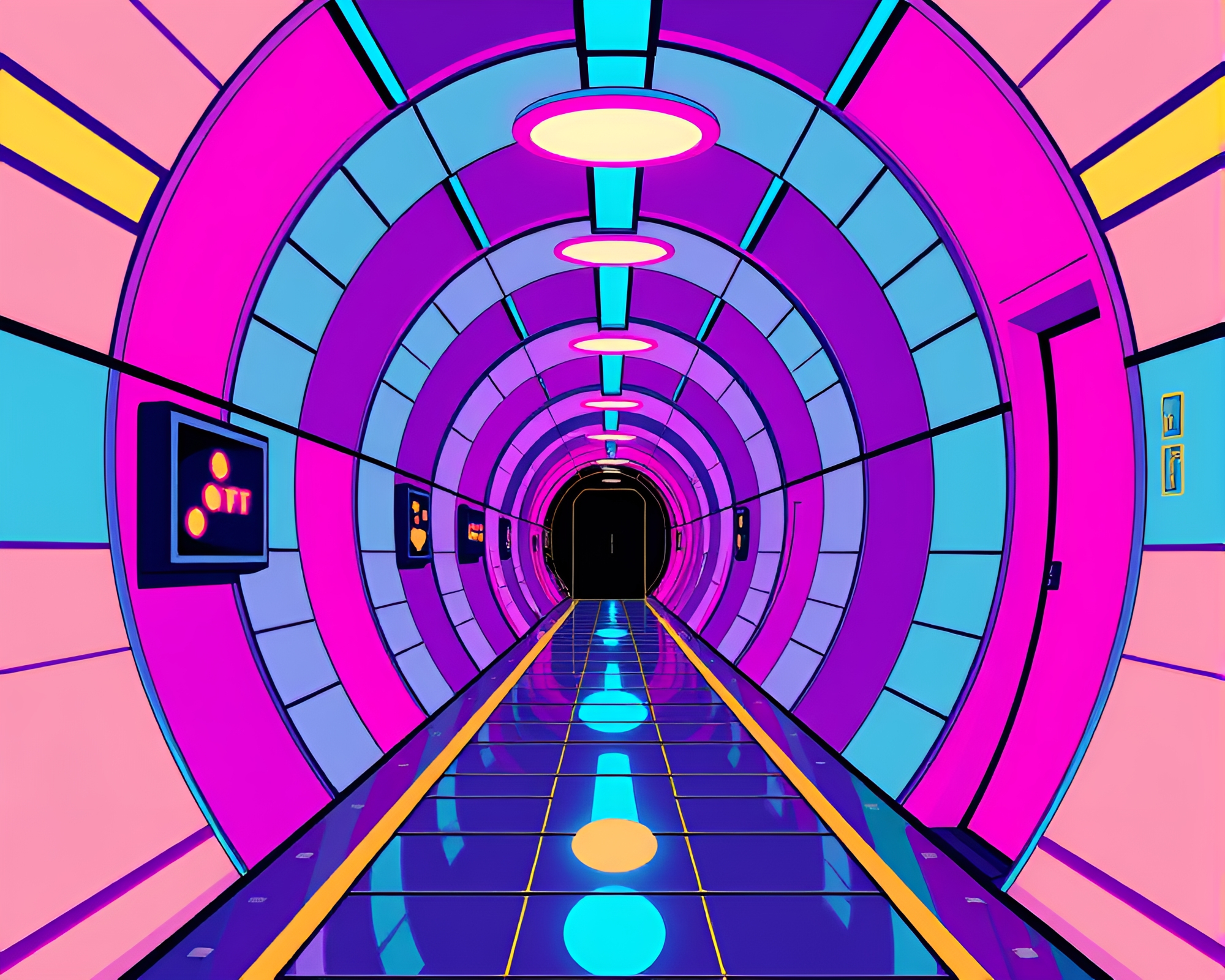 Retro-Futuristic Time-Warp Corridor in Vibrant Pop Art Style – free AI stock image