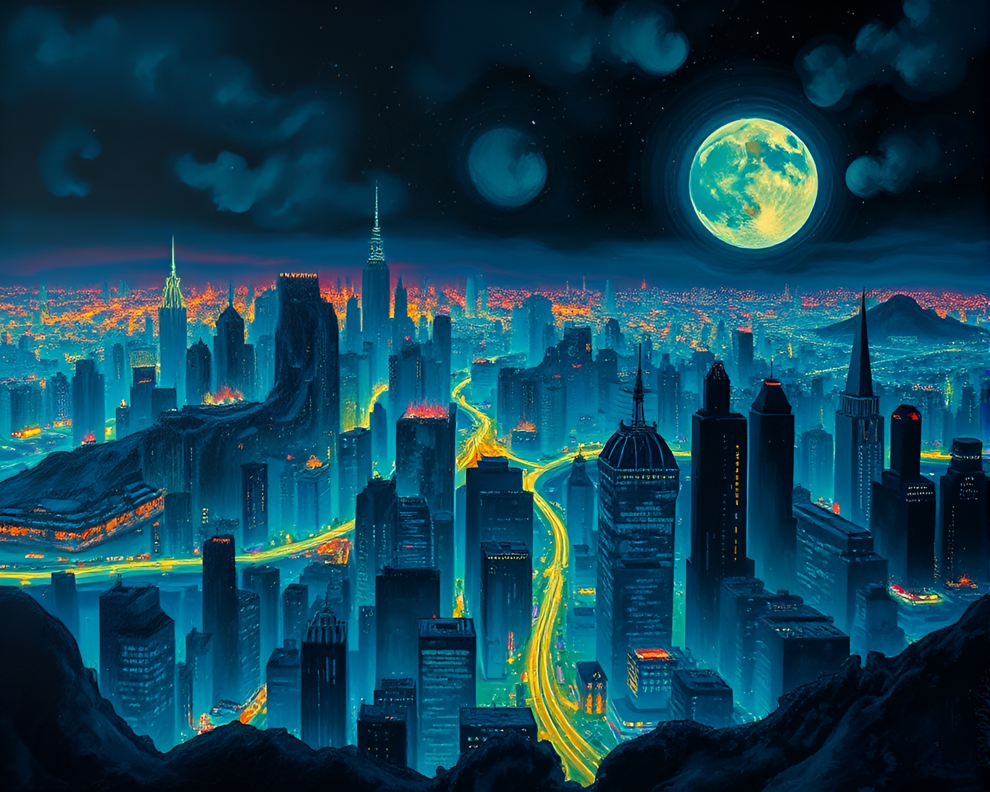 Intricate Bioluminescent Urban Sprawl Illuminating Night Cityscape – free AI stock image