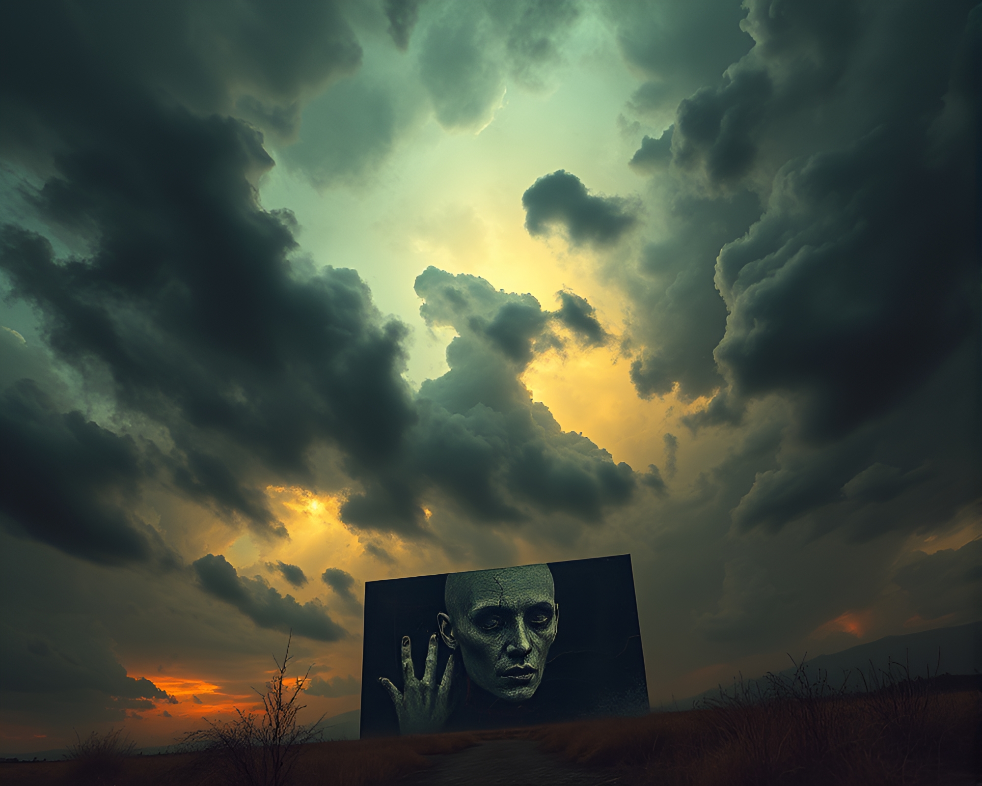 Surreal Modern Art Under Dark Iron-Cloud Sky – free AI stock image