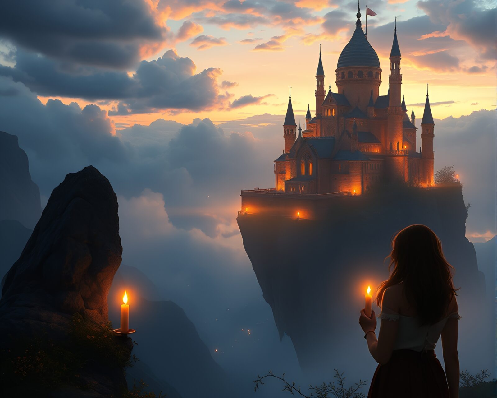Enchanting floating citadel with flickering candlelights and gazing figure