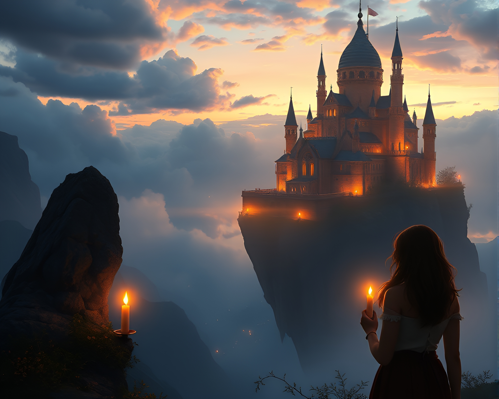 Ethereal Citadel with Candlelit Sky Scene – free AI stock image