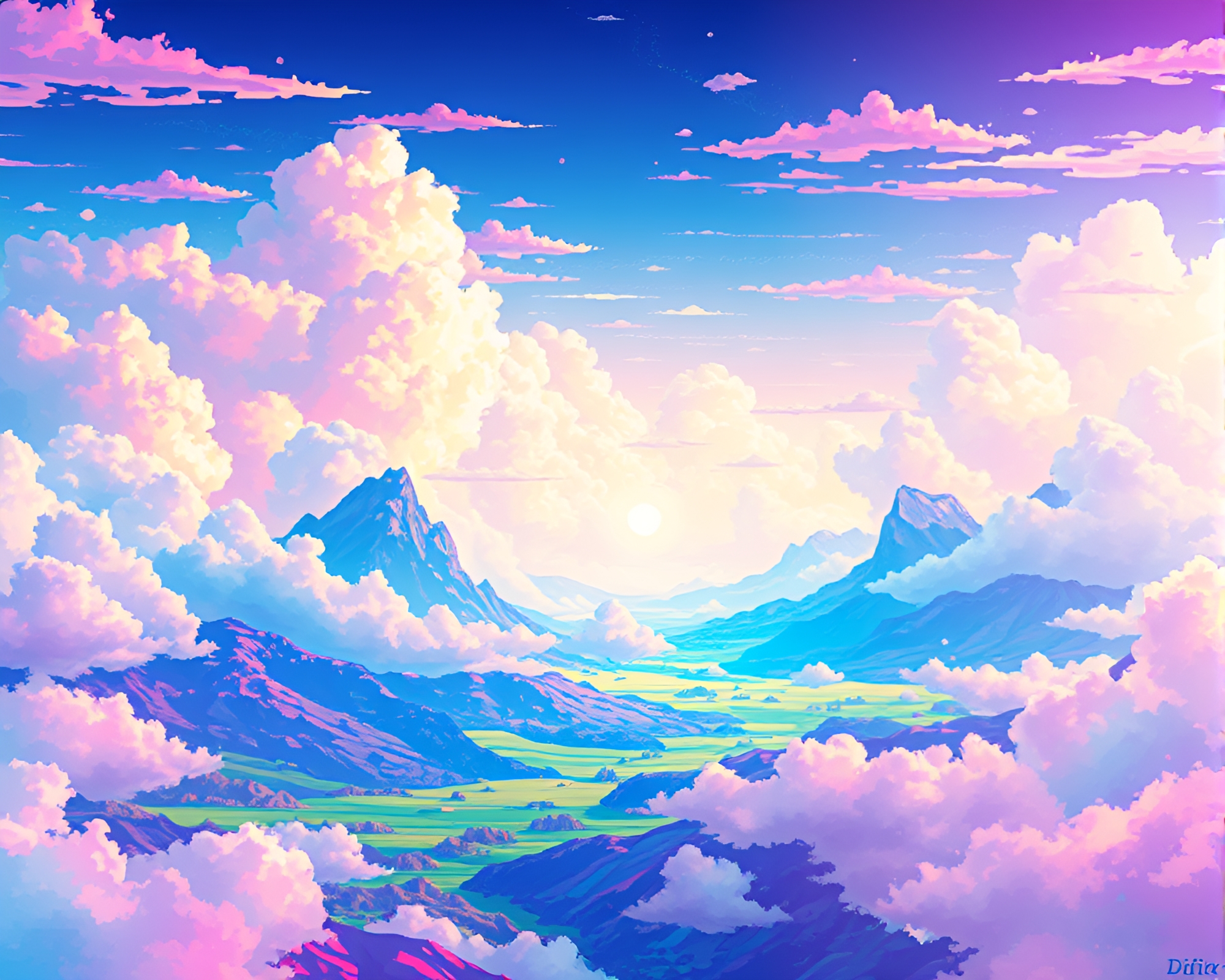 Vibrant 8-Bit Glitch Art Landscape in Cloudscape – free AI stock image