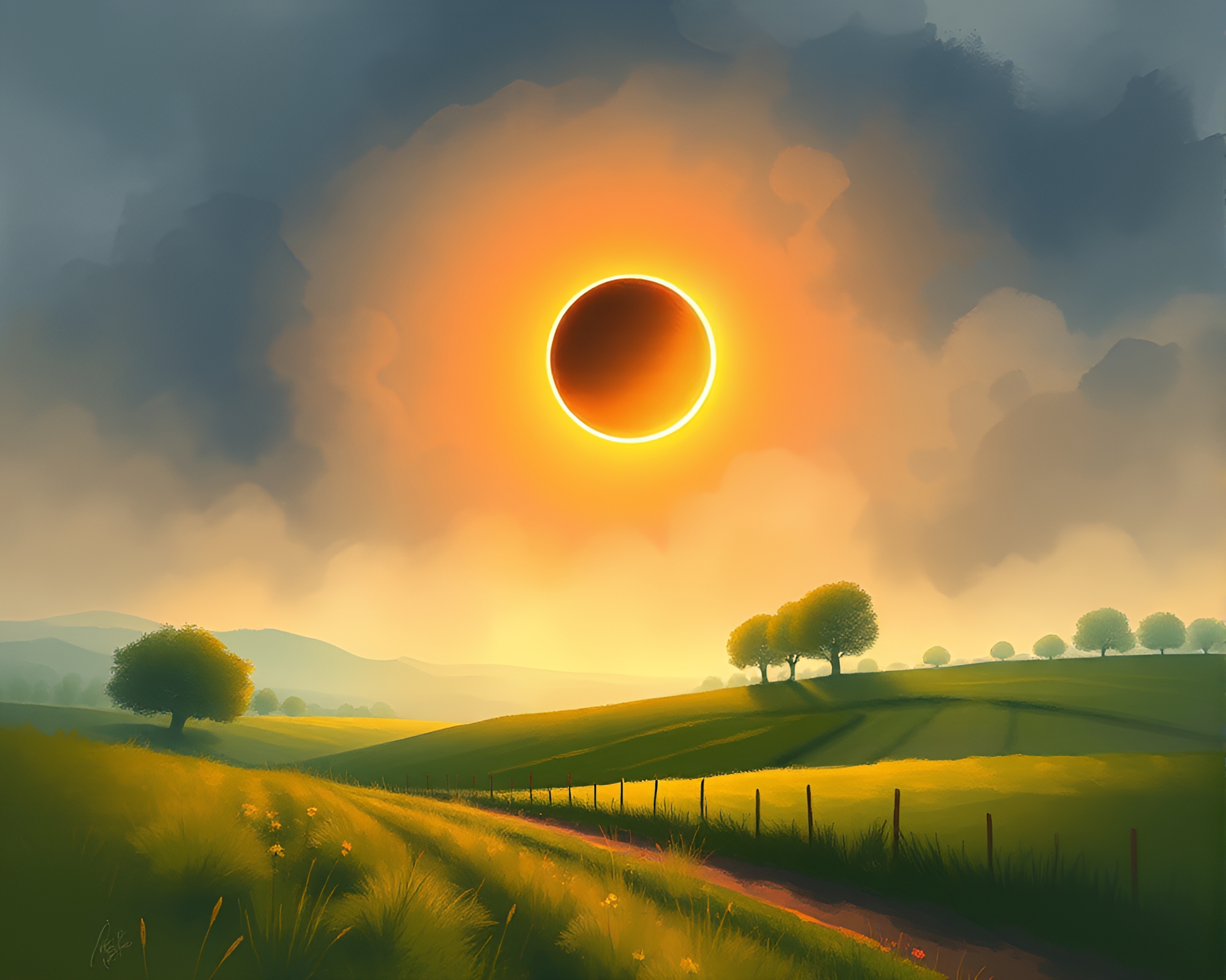 Impressionistic Solar Eclipse Over Serene Countryside Landscape – free AI stock image