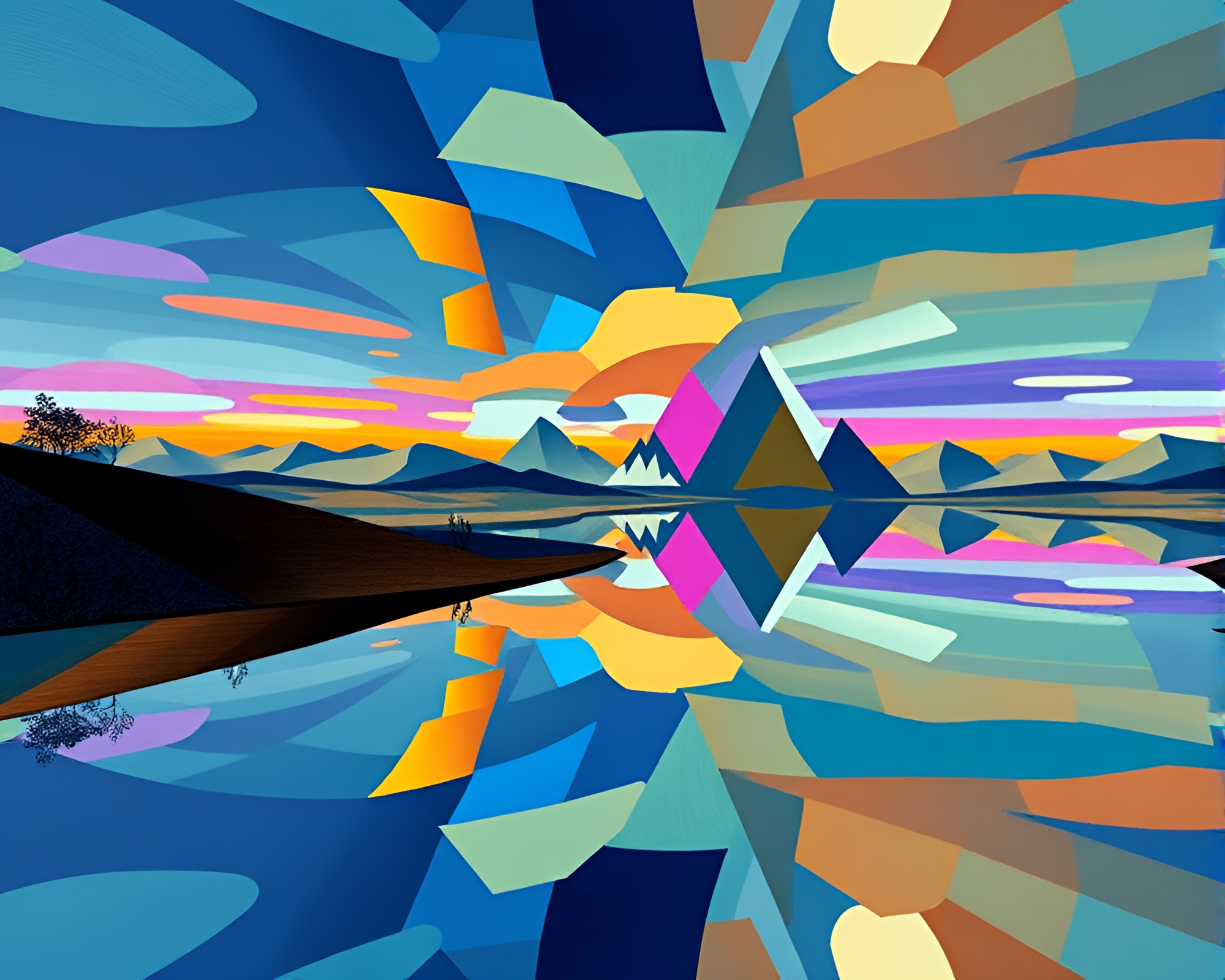 Cubist Surreal Landscape with Mirrored Horizon and Vibrant Colors – free AI stock image