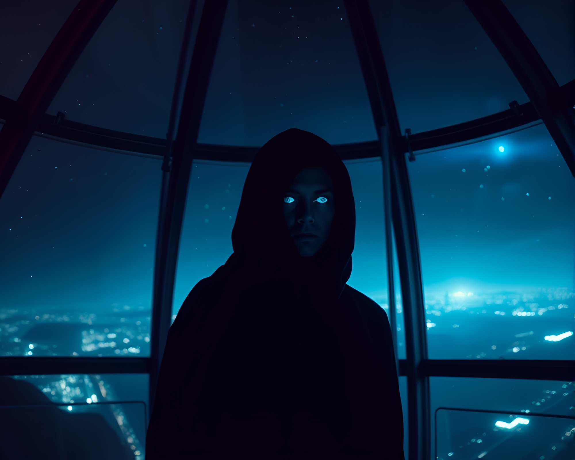 Mysterious Figure Illuminated in Glass-walled Observatory – free AI stock image