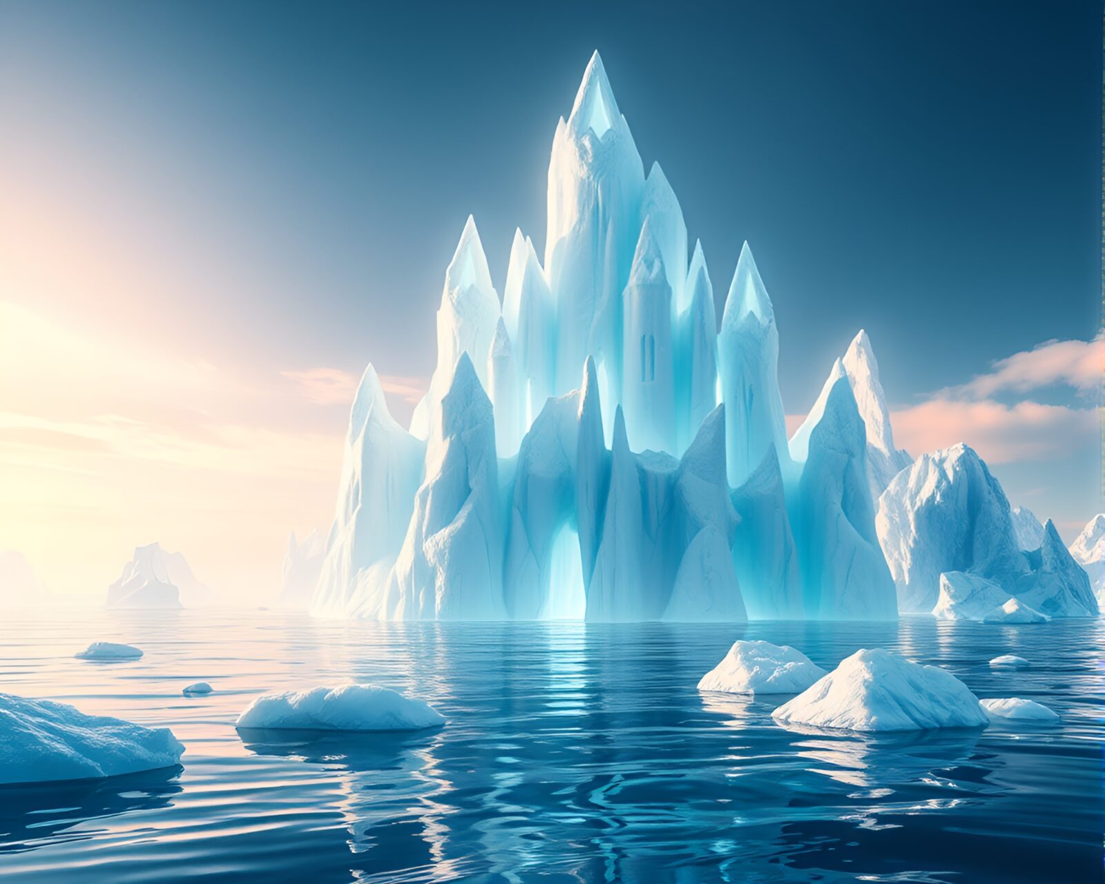 Beautifully crafted 3D iceberg cathedral glowing softly