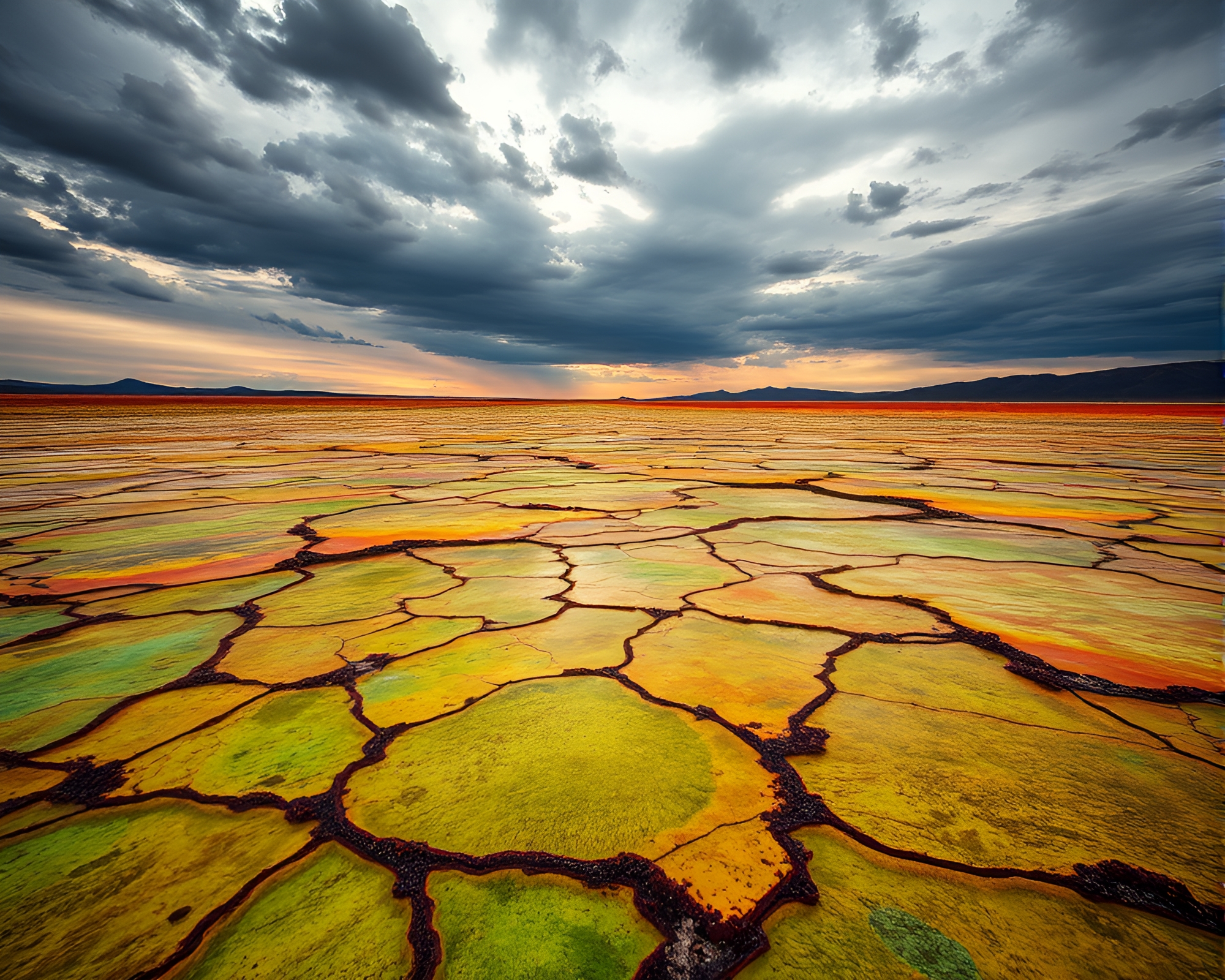 Vibrant Stained Glass Volcanic Plains Under Dramatic Sky – free AI stock image