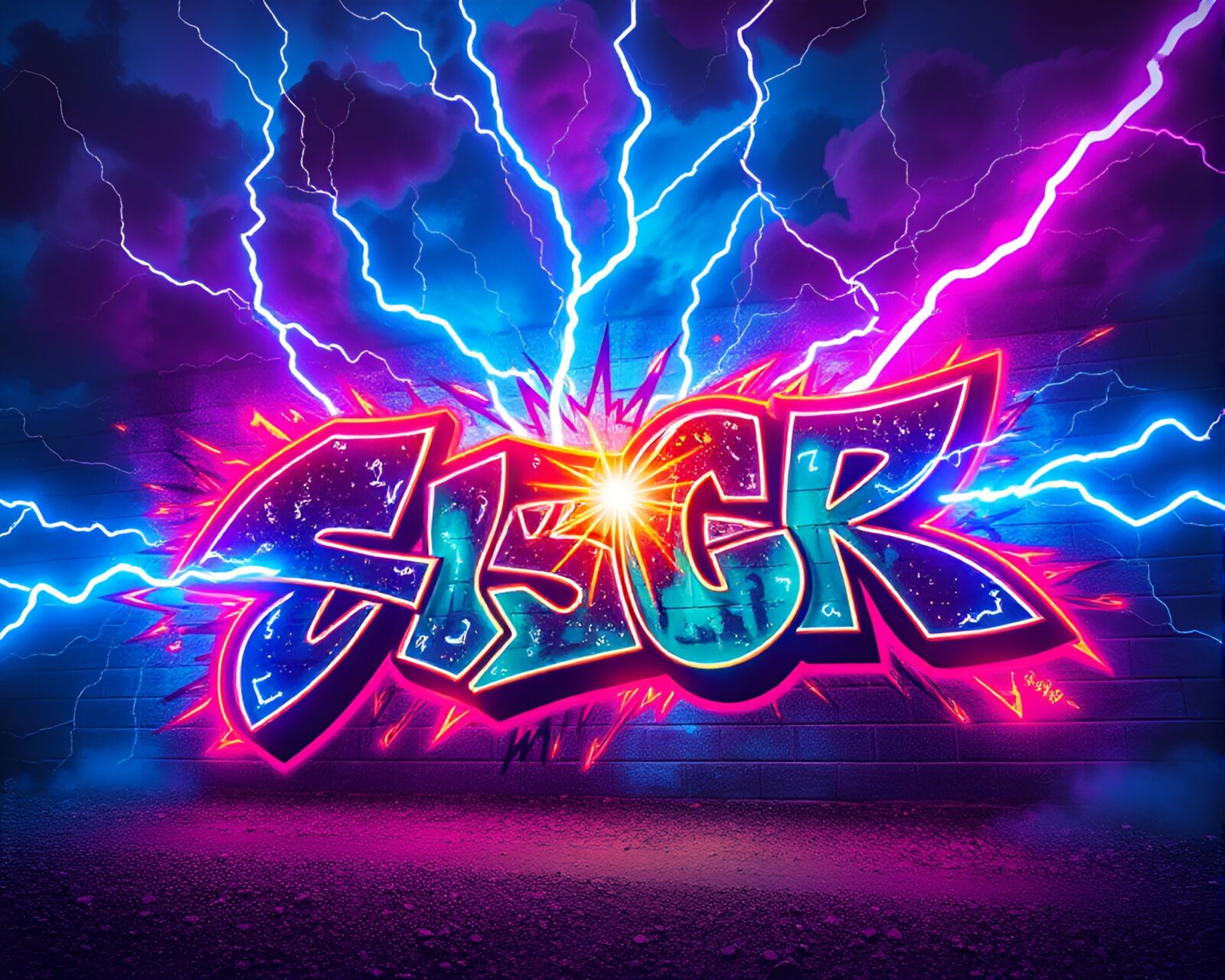 Vibrant surreal image of neon graffiti under electric storm