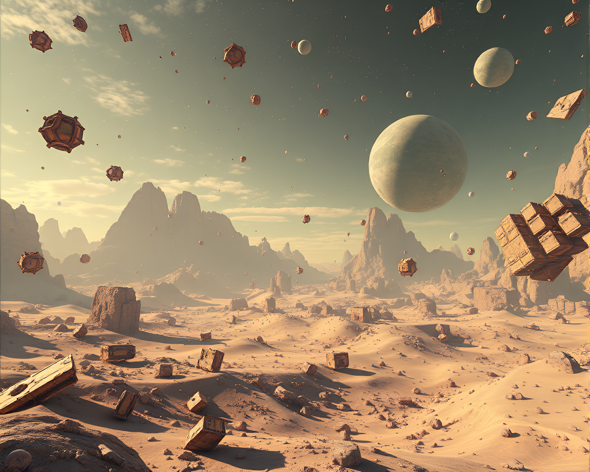 Mesmerizing Zero-Gravity Landscape with Celestial Bodies and Debris – free AI stock image