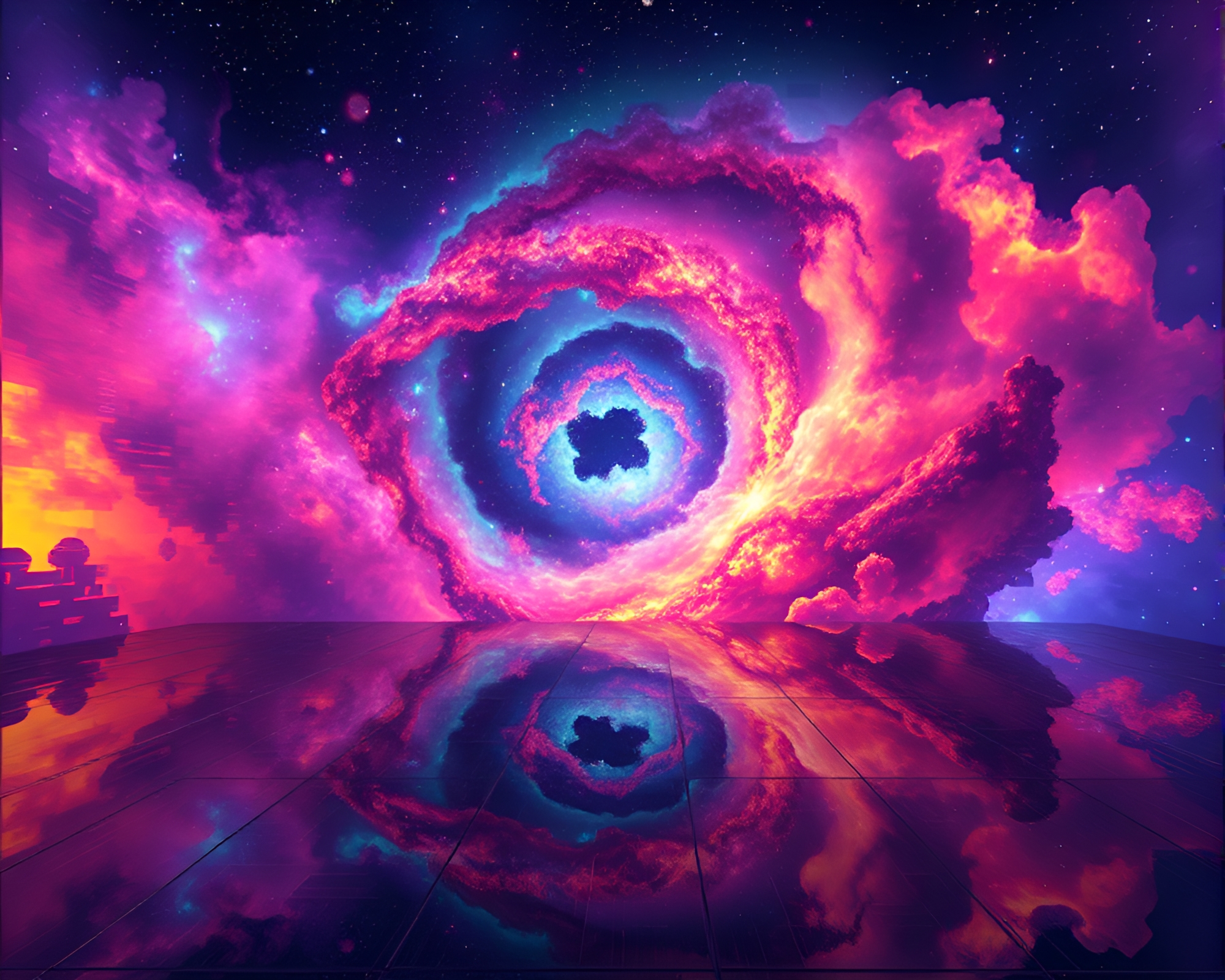 Vibrant 8-Bit Cosmic Nebula Swirl in Glitch Art – free AI stock image