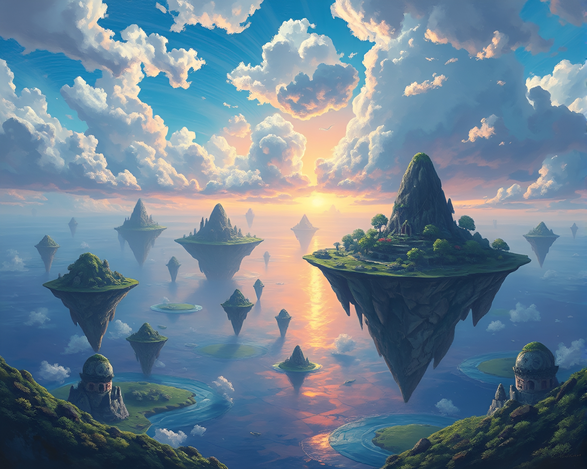 Dreamlike Floating Island Archipelago in Oil Painting Style – free AI stock image