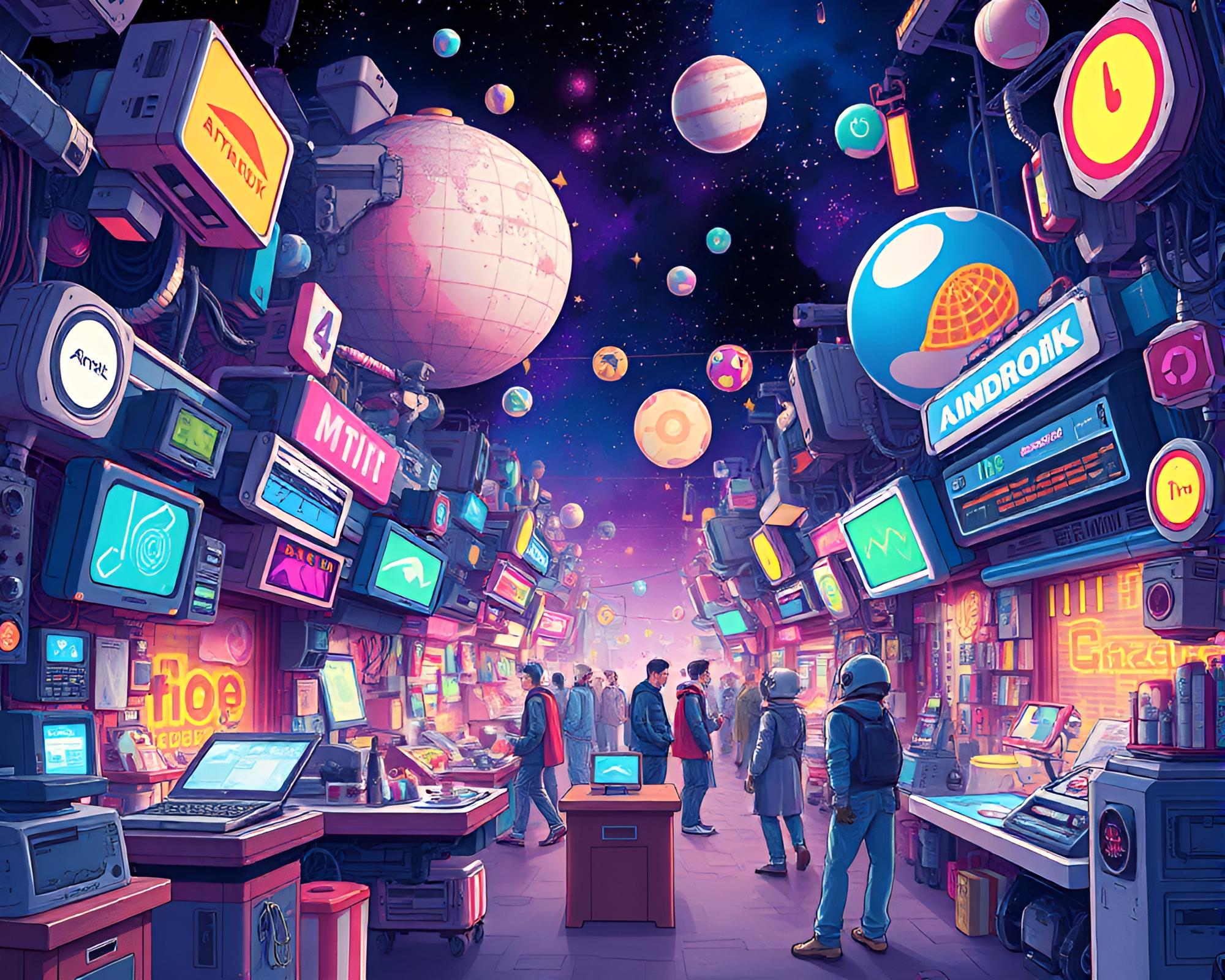 Futuristic Android Market Bustling with Cosmic Technology – free AI stock image