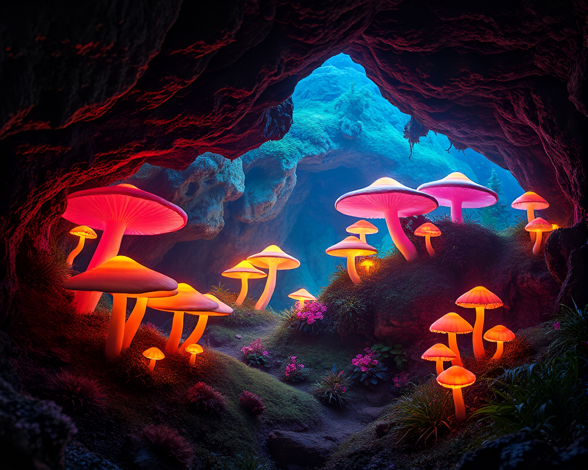 Luminous Fungus Cavern: Glowing Mushroom Oasis – free AI stock image