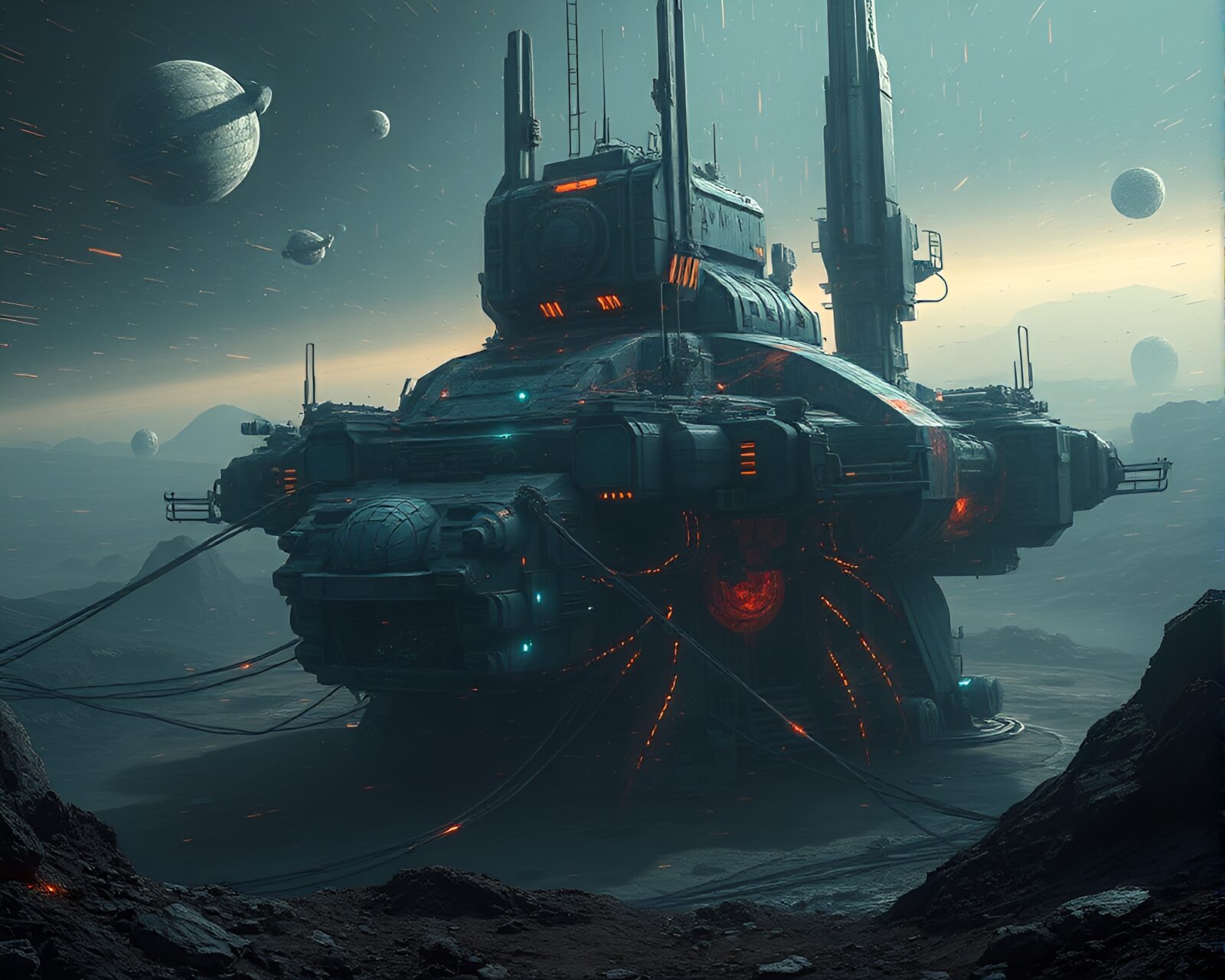 Digital matte painting of desolate space station with static interference