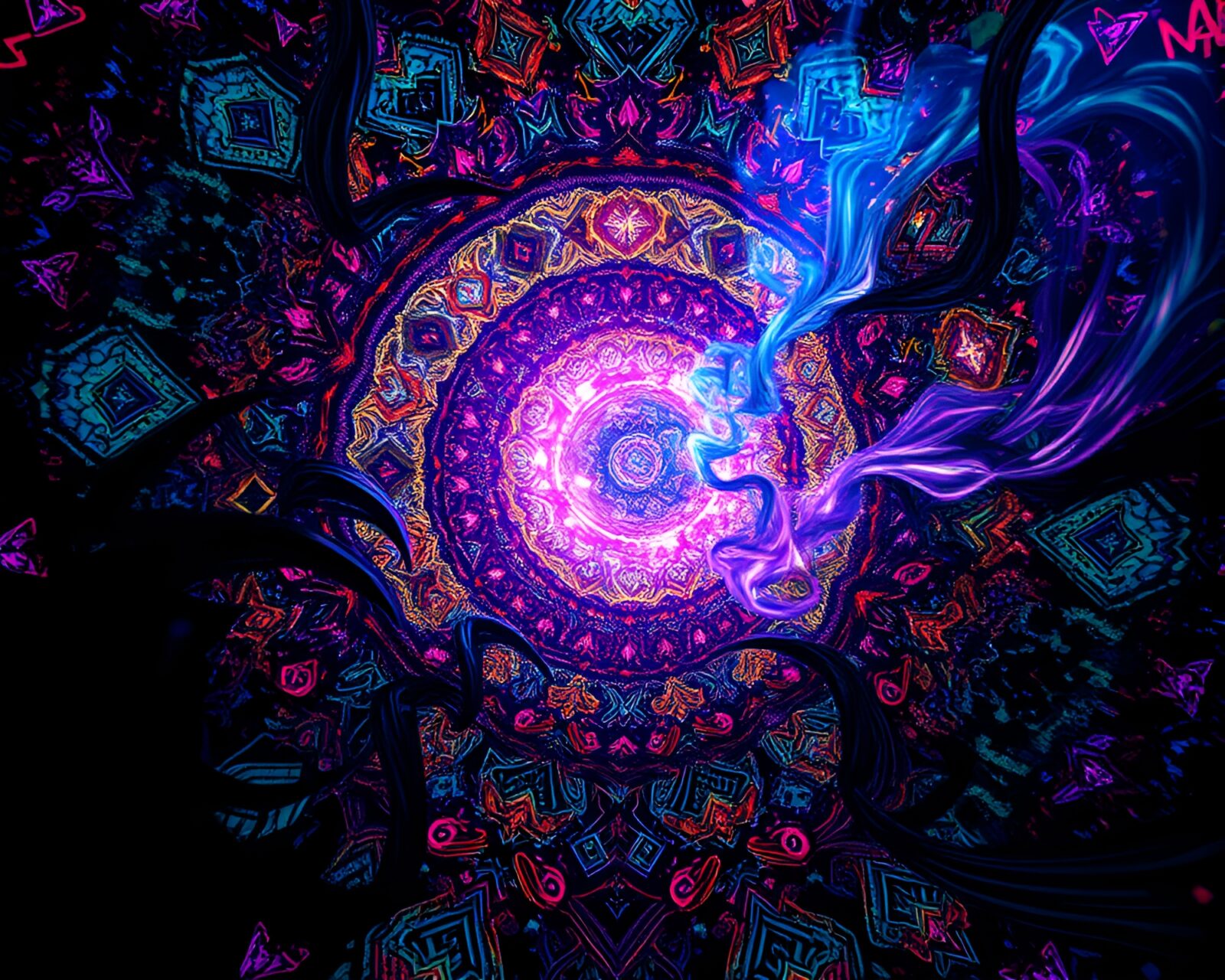 Vibrant and intricate patterns swirling in kaleidoscopic dimension