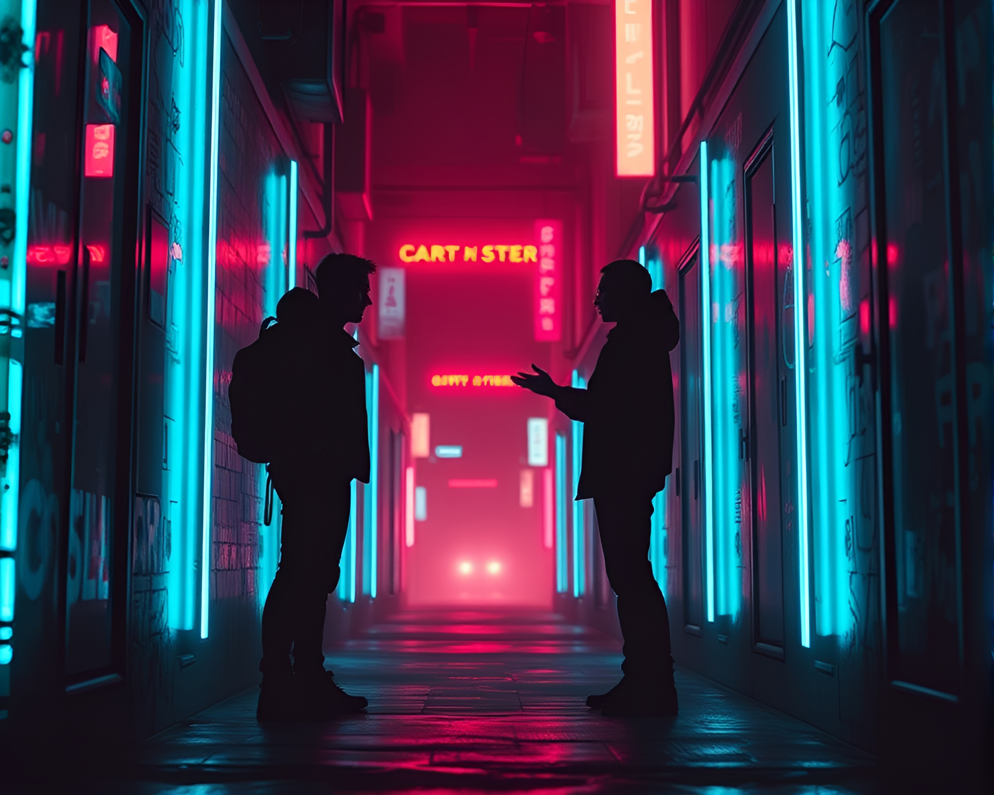 Dystopian Alleyway Figures Engaged in Dynamic Exchange – free AI stock image