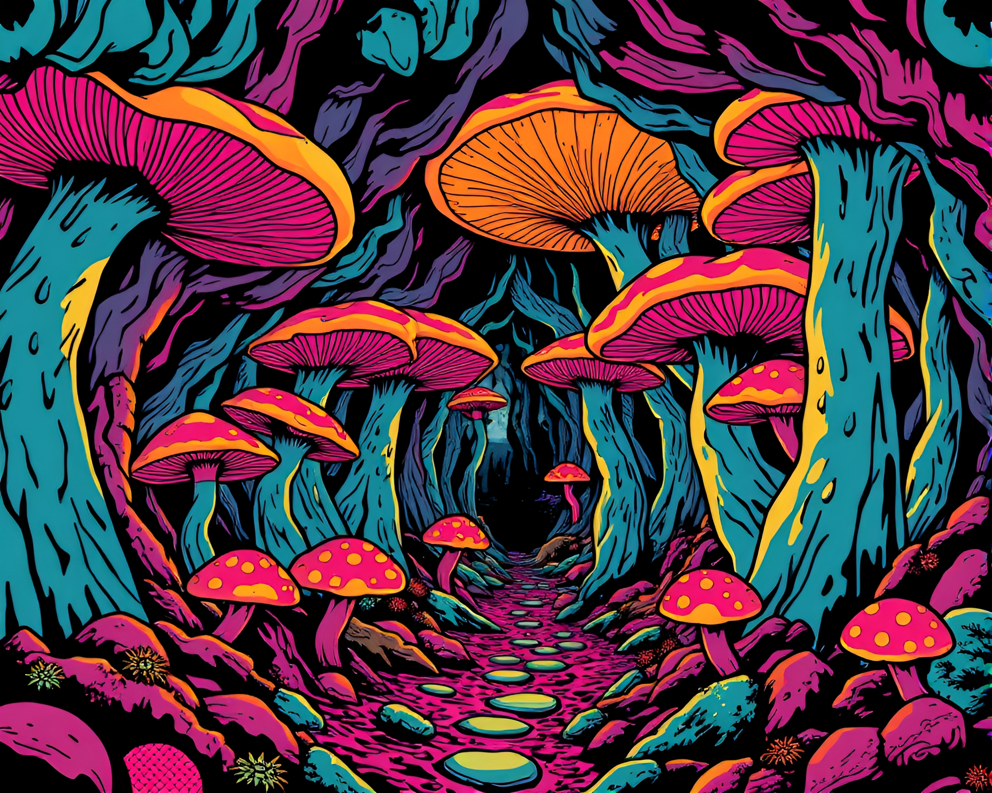 Vibrant Pop Art Subterranean Fungus Forest Twilight Illustration – free AI stock image