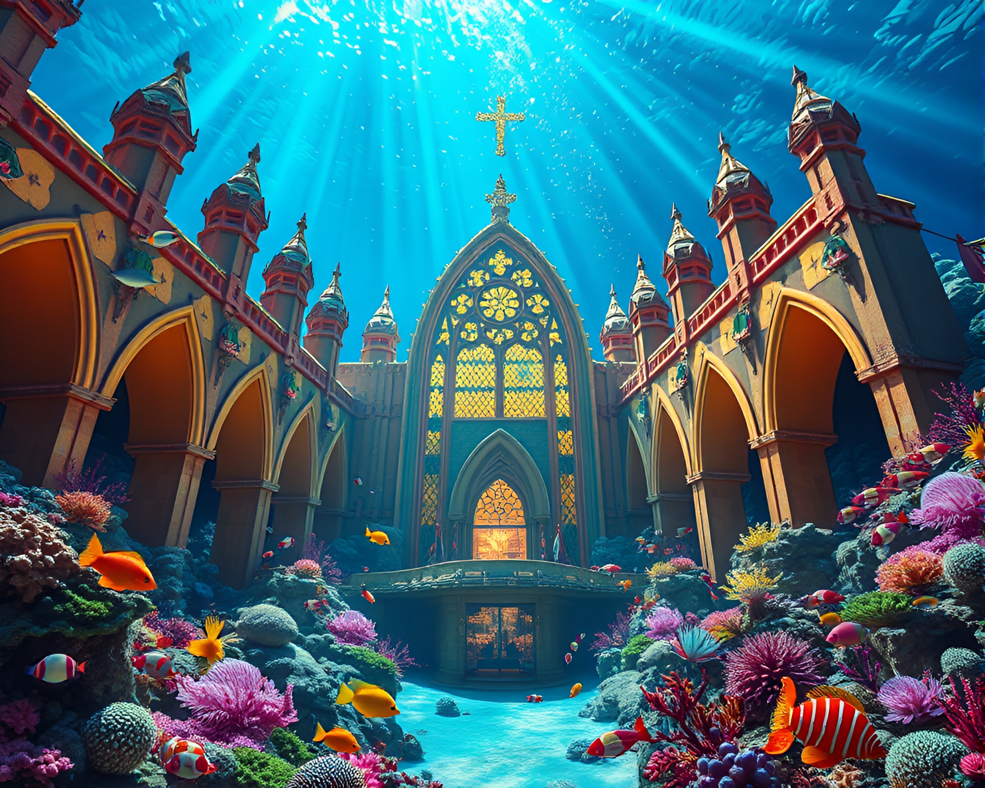 Pop Art-inspired Underwater Cathedral Teeming with Sea Life – free AI stock image