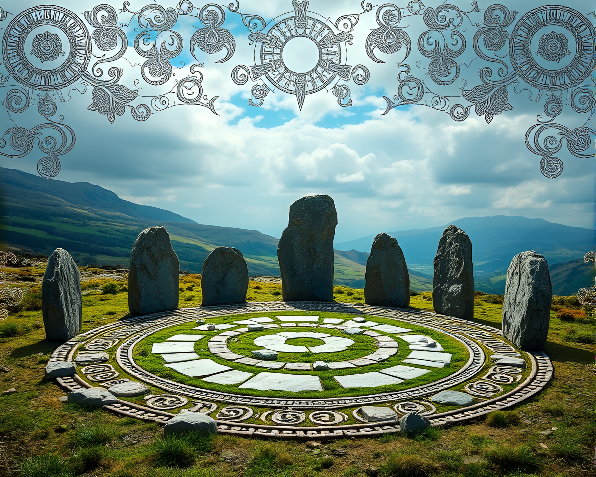 Mystical Druidic Stone Circle with Kinetic Embroidery Patterns – free AI stock image