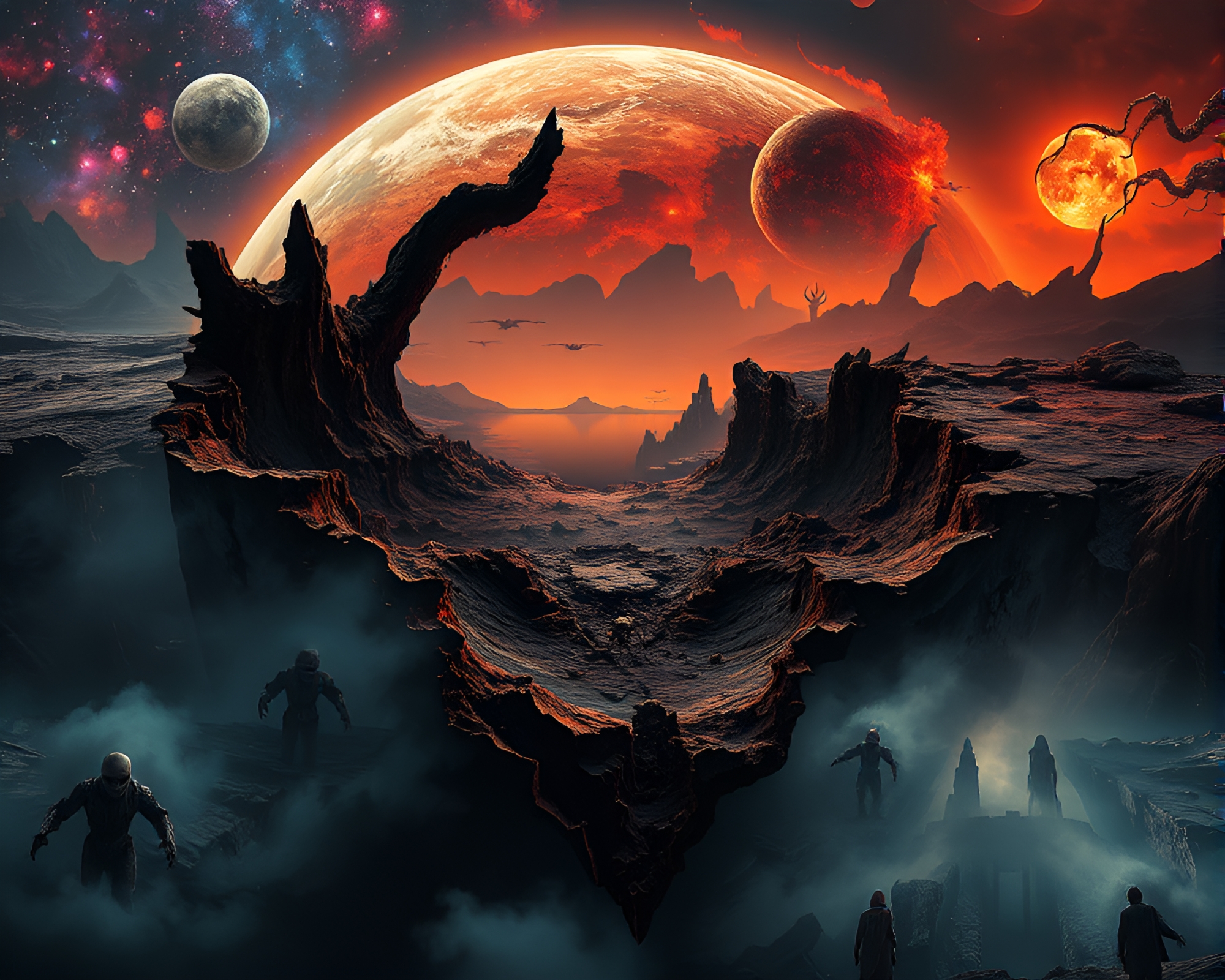 Shattered Alien Planet Surface Collage with Cosmic Entities – free AI stock image