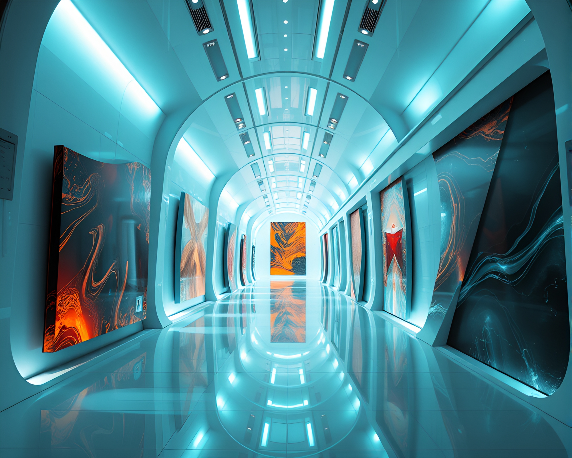 Futuristic Serene Corridor with Abstract Modern Art – free AI stock image
