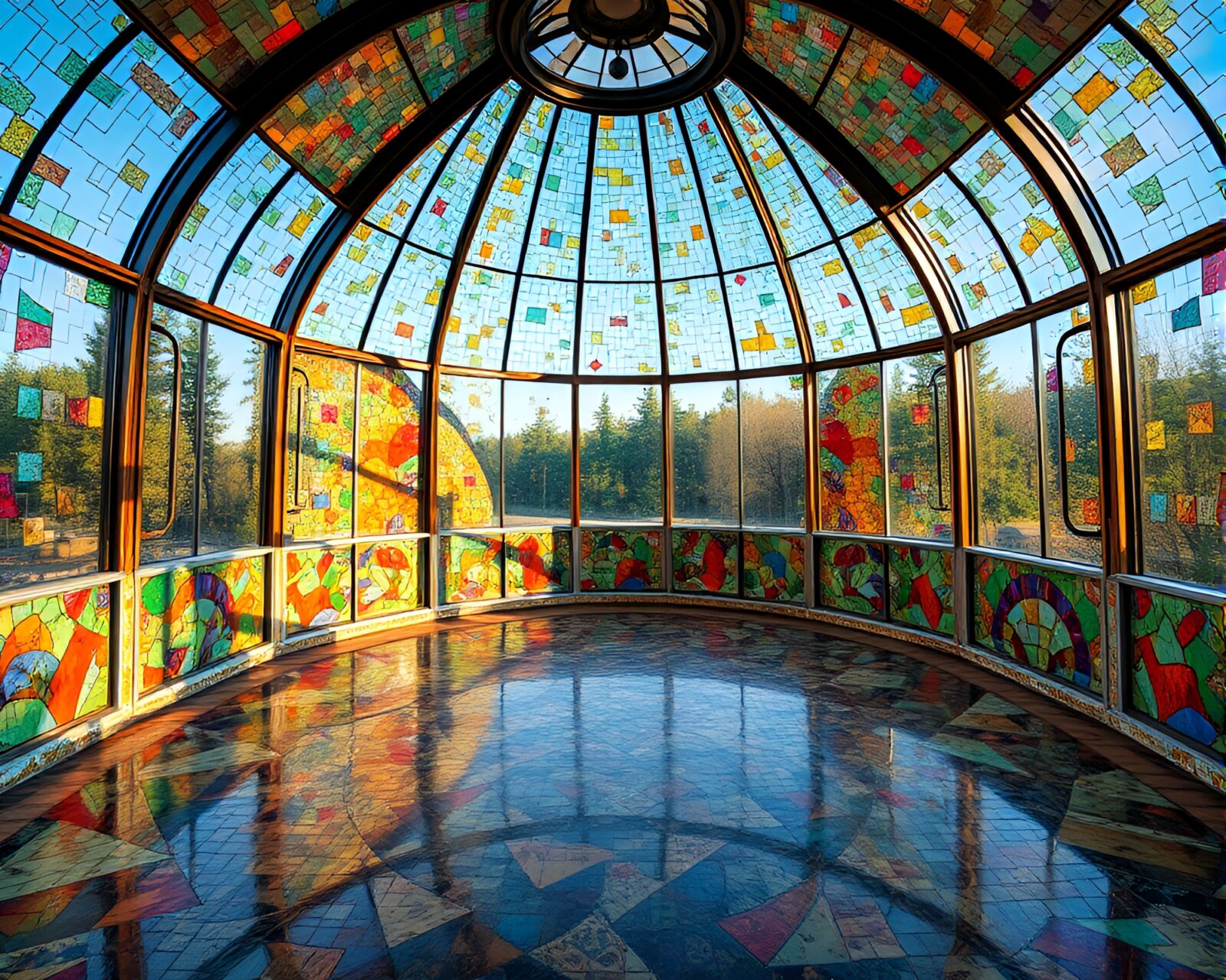 Abstract mosaic design in glass observatory reflecting light elegantly