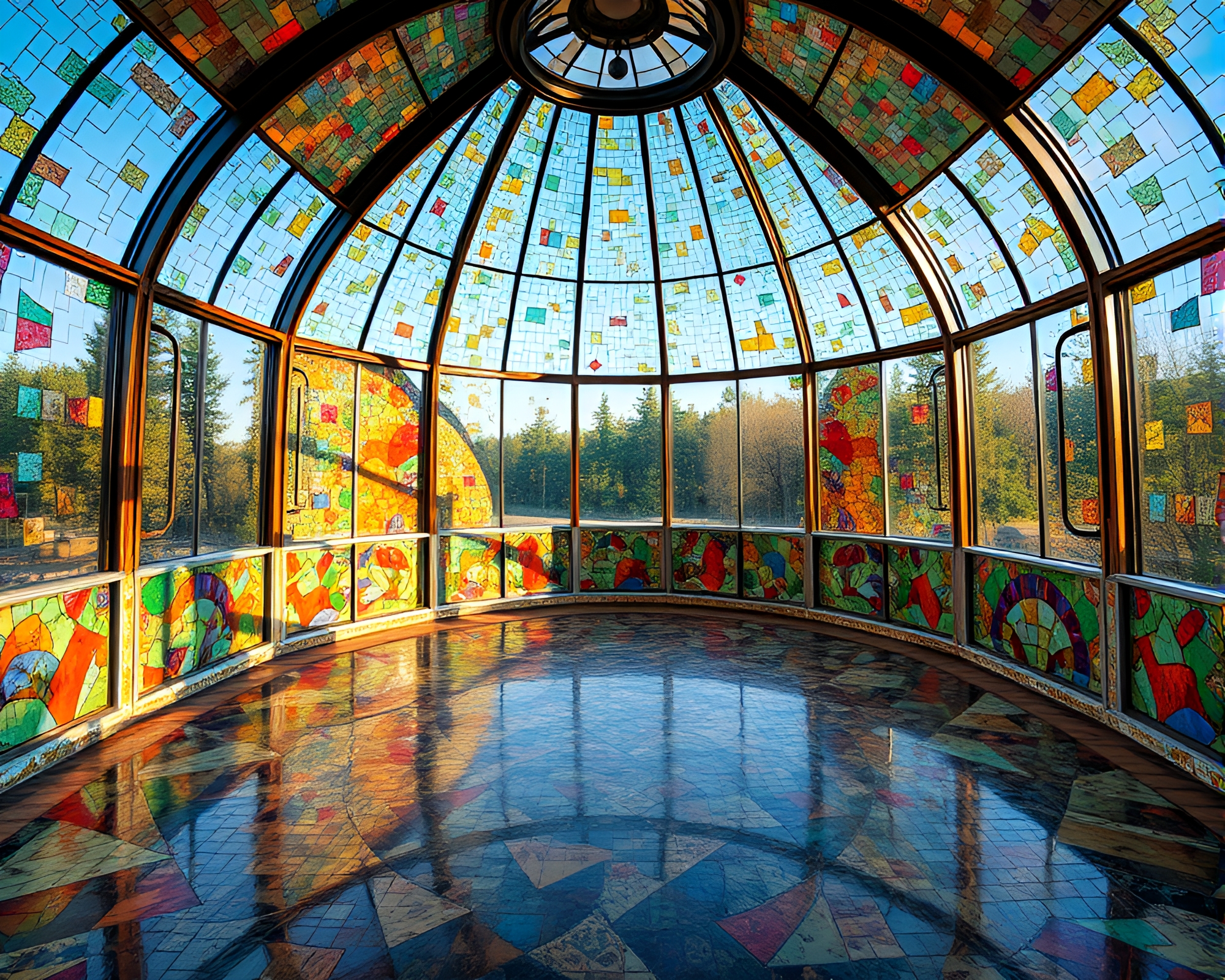 Vibrant Glass-Walled Observatory with Playful Mosaic Tiles – free AI stock image