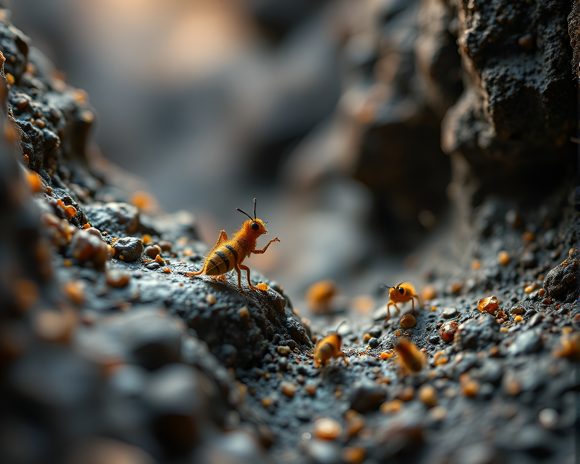 Whimsical tiny creatures in obsidian canyon playfully captured – free AI stock image