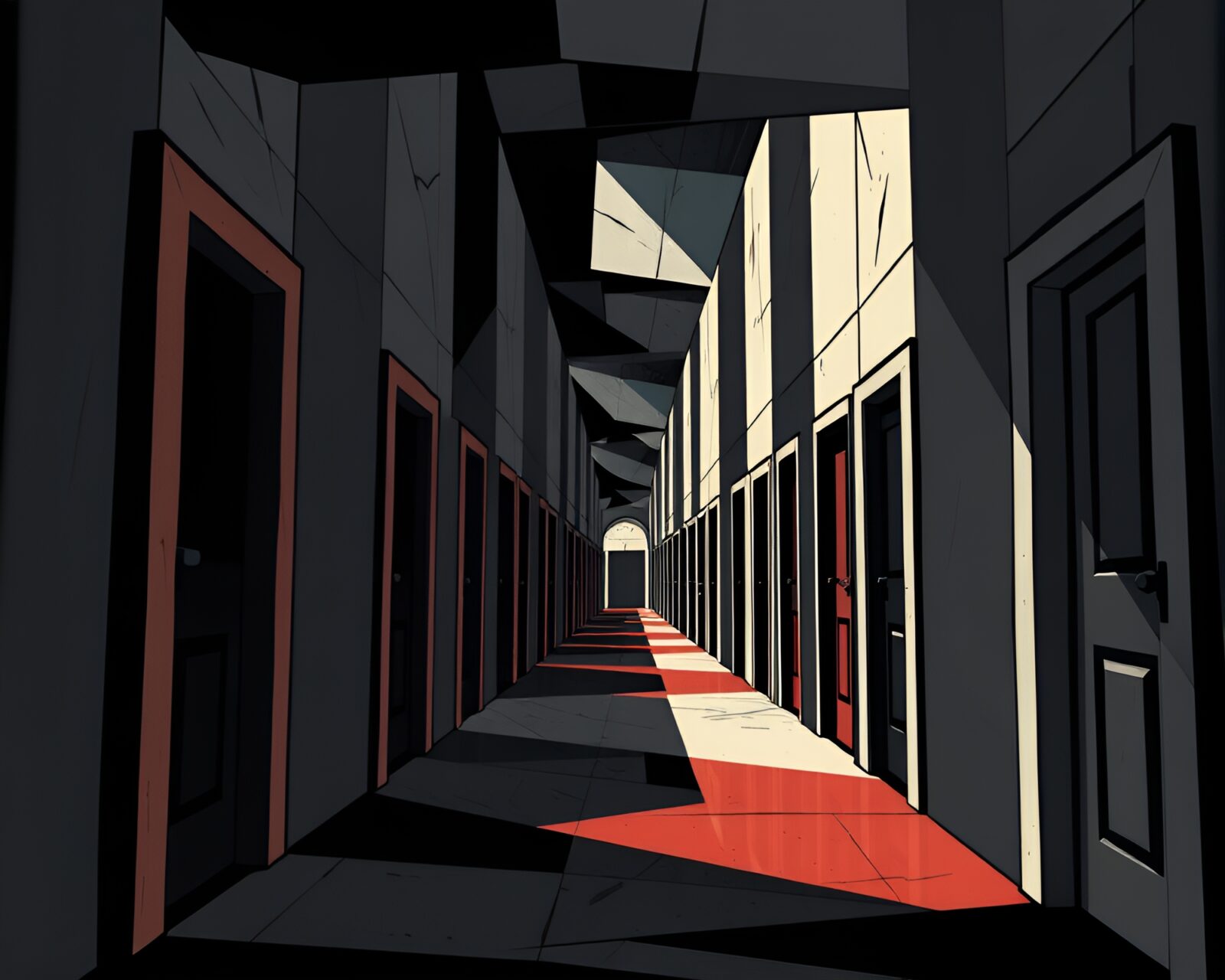 Maze of interconnected doors in oppressive cubist style